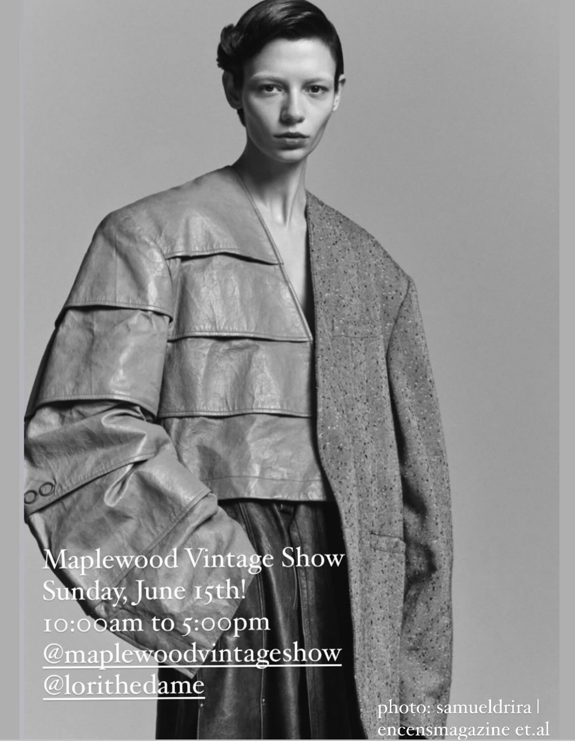 Black and white promotional image for Maplewood Vintage Show featuring a model wearing vintage clothing, with event details including date, time, and social media handles.