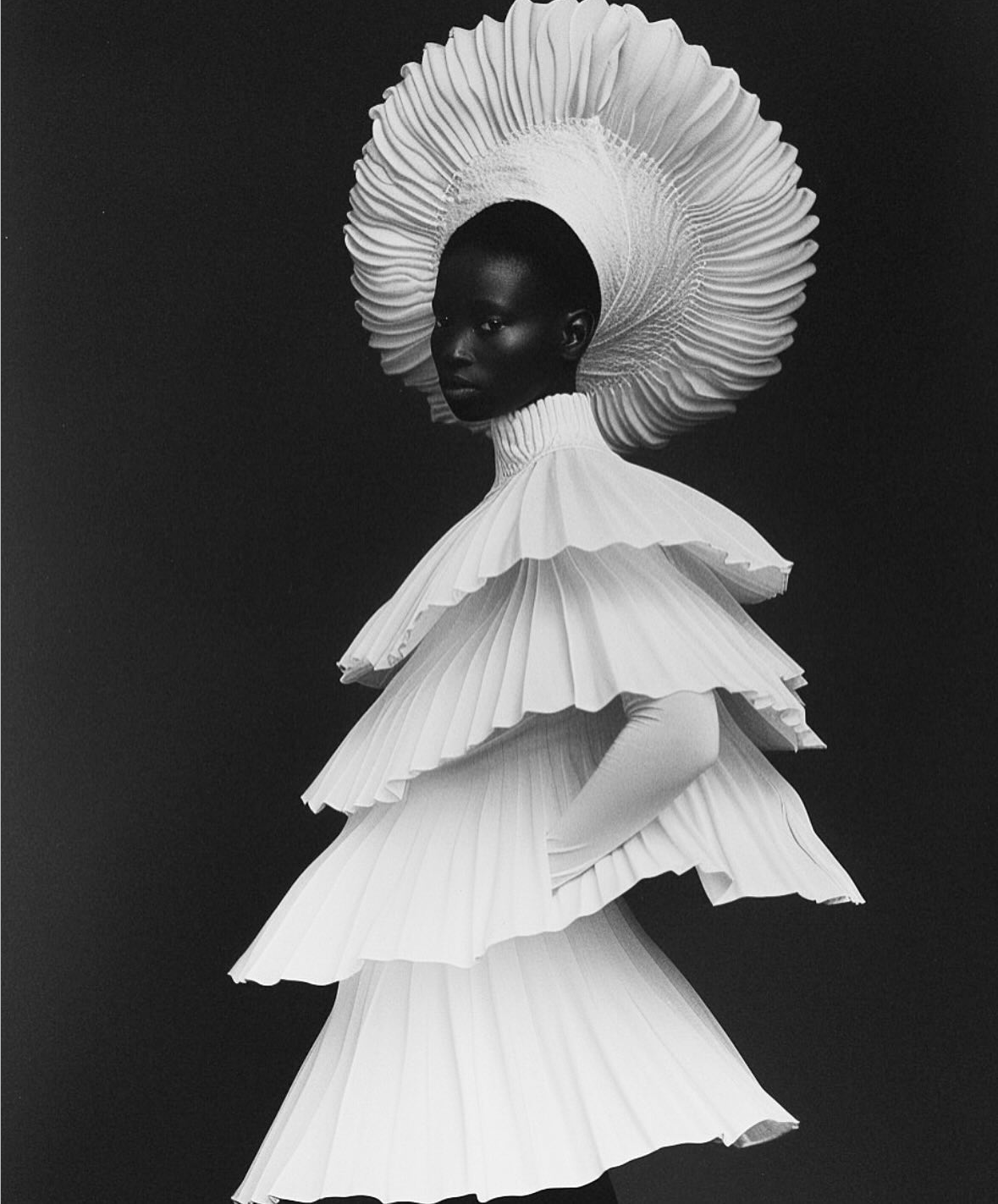 A black woman wearing an elaborate white pleated dress with multiple layers and a large headpiece, standing against a dark background.