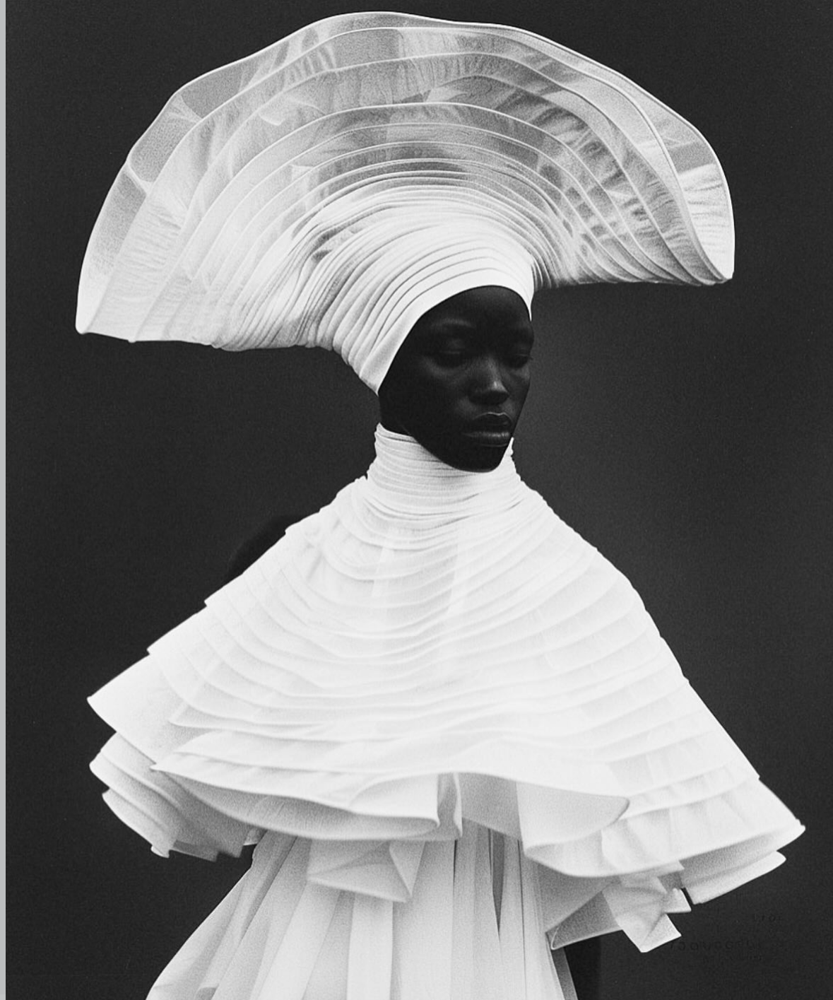 A woman with dark skin wearing an avant-garde white dress with layered folding fabric, styled as a large headpiece and high collar, against a plain dark background.