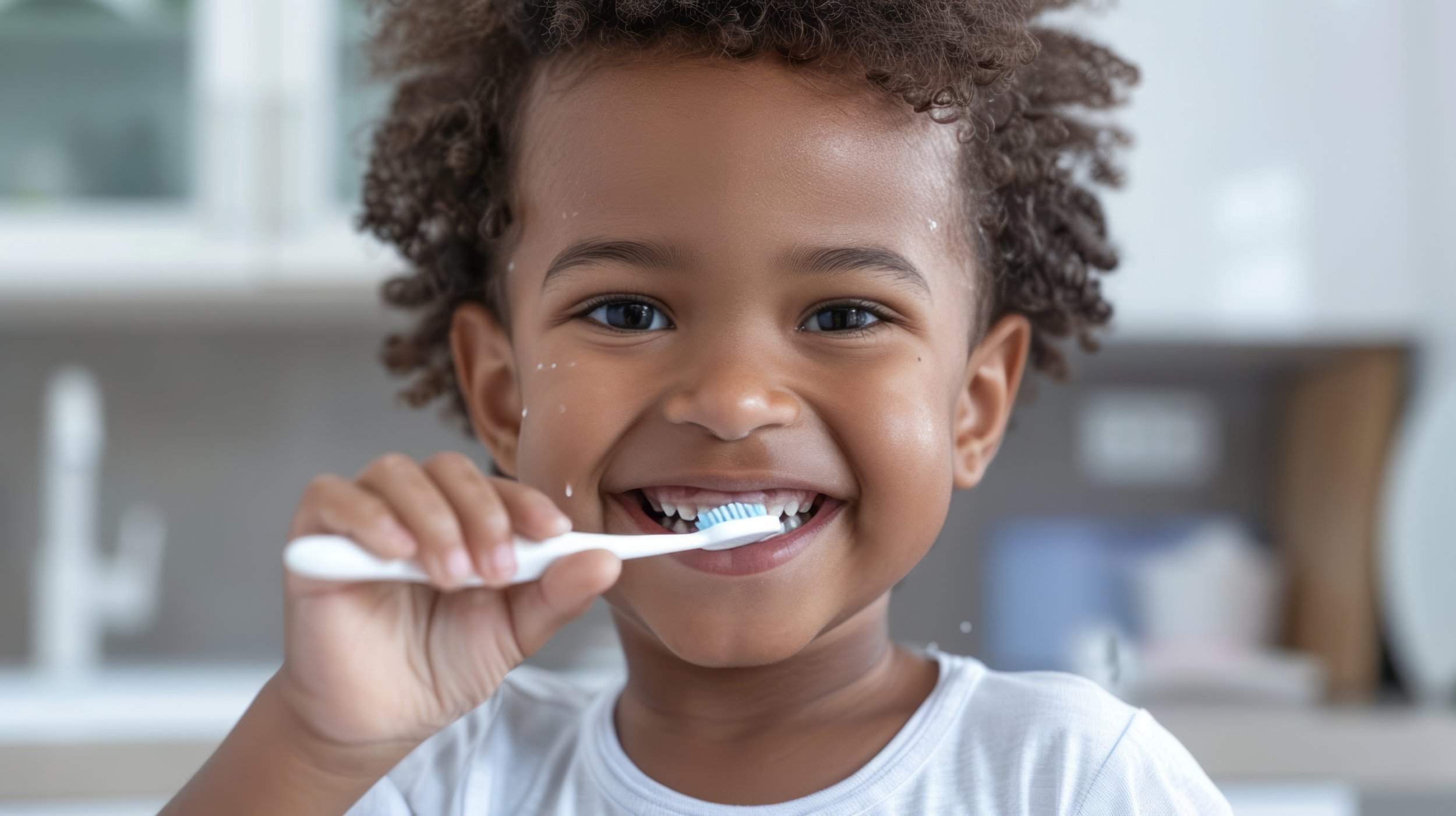 A young child brushing their teeth.