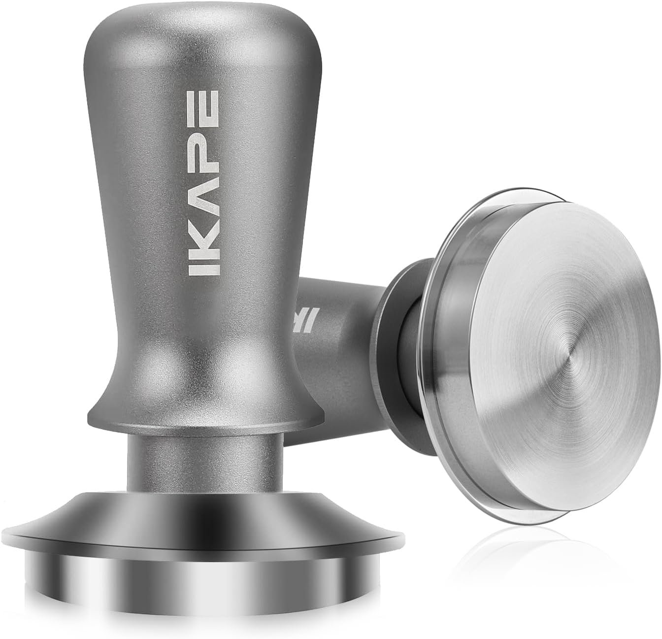 Stainless steel espresso tamper with cylindrical handle and flat base.