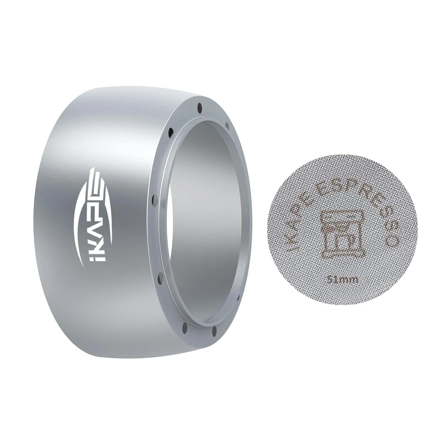 Silver cylindrical automotive part with a logo and circular textured component with text and a graphic in the center.