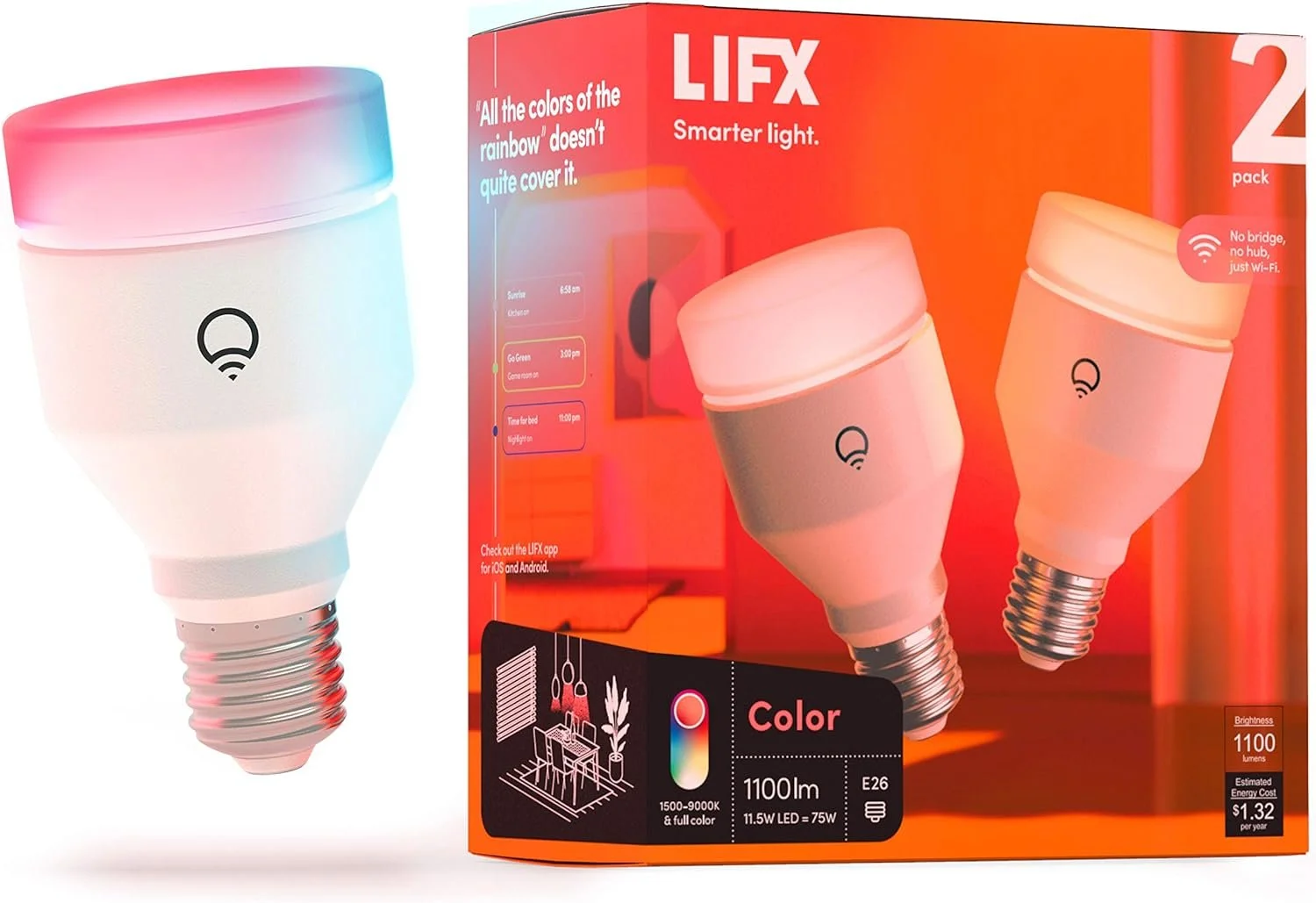 Packaging of a LIFX smart LED light bulb with a RGB rainbow-colored glow, showing the bulb with a white body and a silver screw base, and the product box with branding, specifications, and colorful graphics.