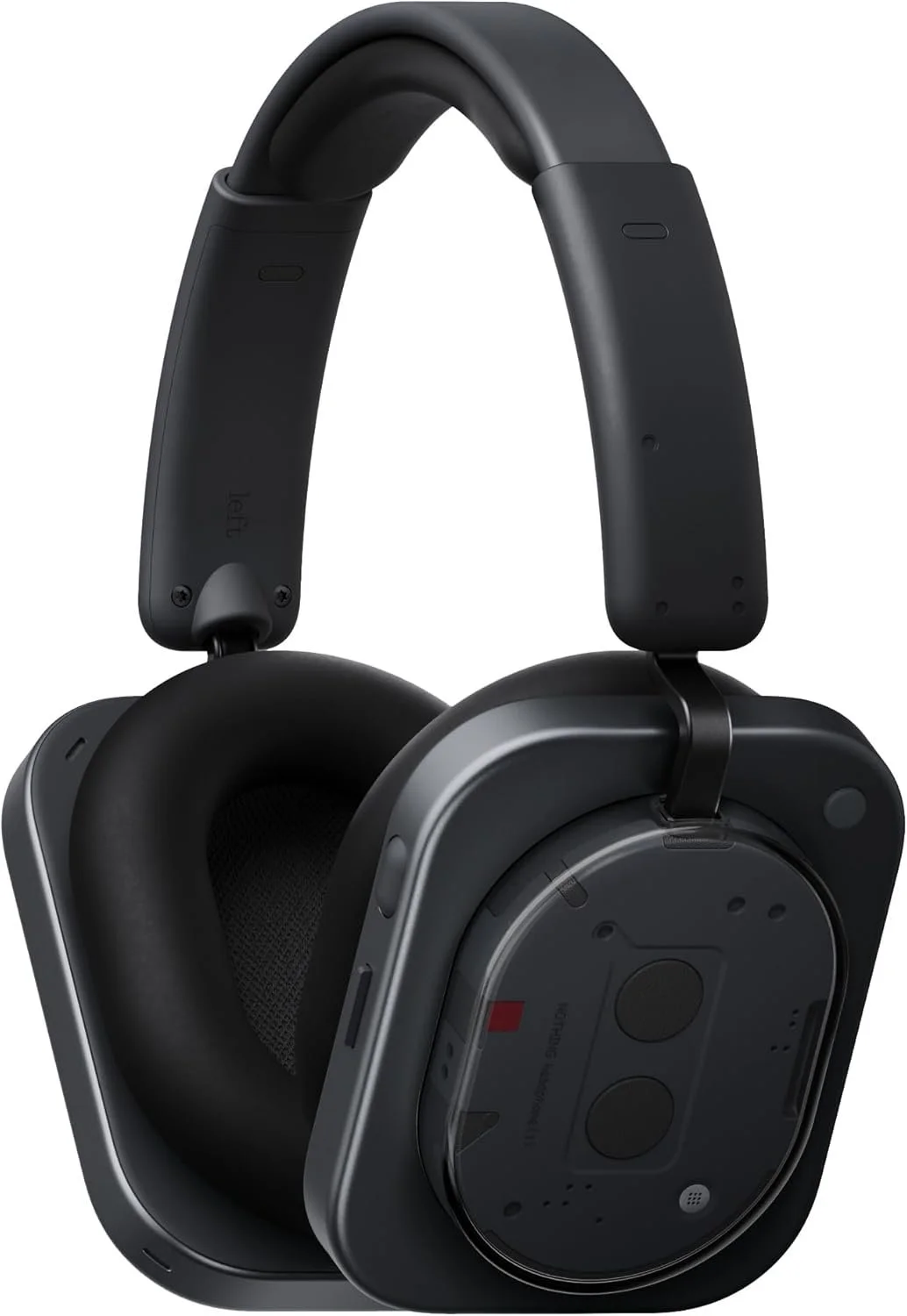 Black over-ear headphones with padded ear cups and adjustable headband, viewed from the side.
