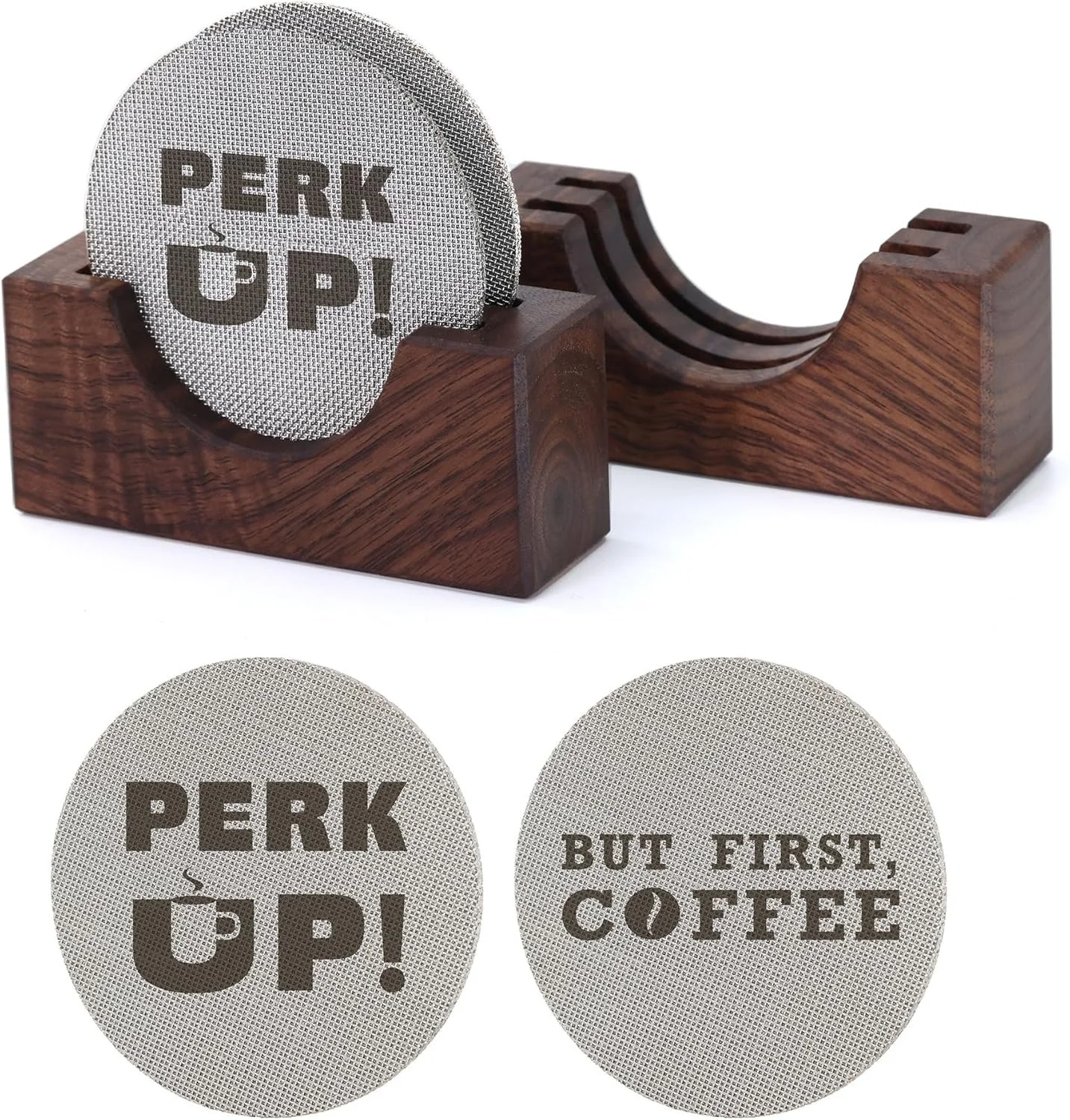 Round coffee pod with the phrase 'Perk Up!' and a coffee cup icon, placed in a wooden holder alongside another holder empty.