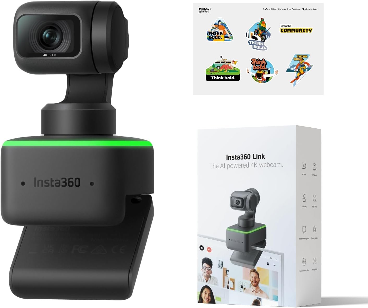 A black Insta360 Link AI-powered 4K webcam with a gimbal-like stabilizer, alongside its packaging box and a sheet of colorful stickers with motivational phrases like 'Think bold' and 'Community' in a digital world setting.