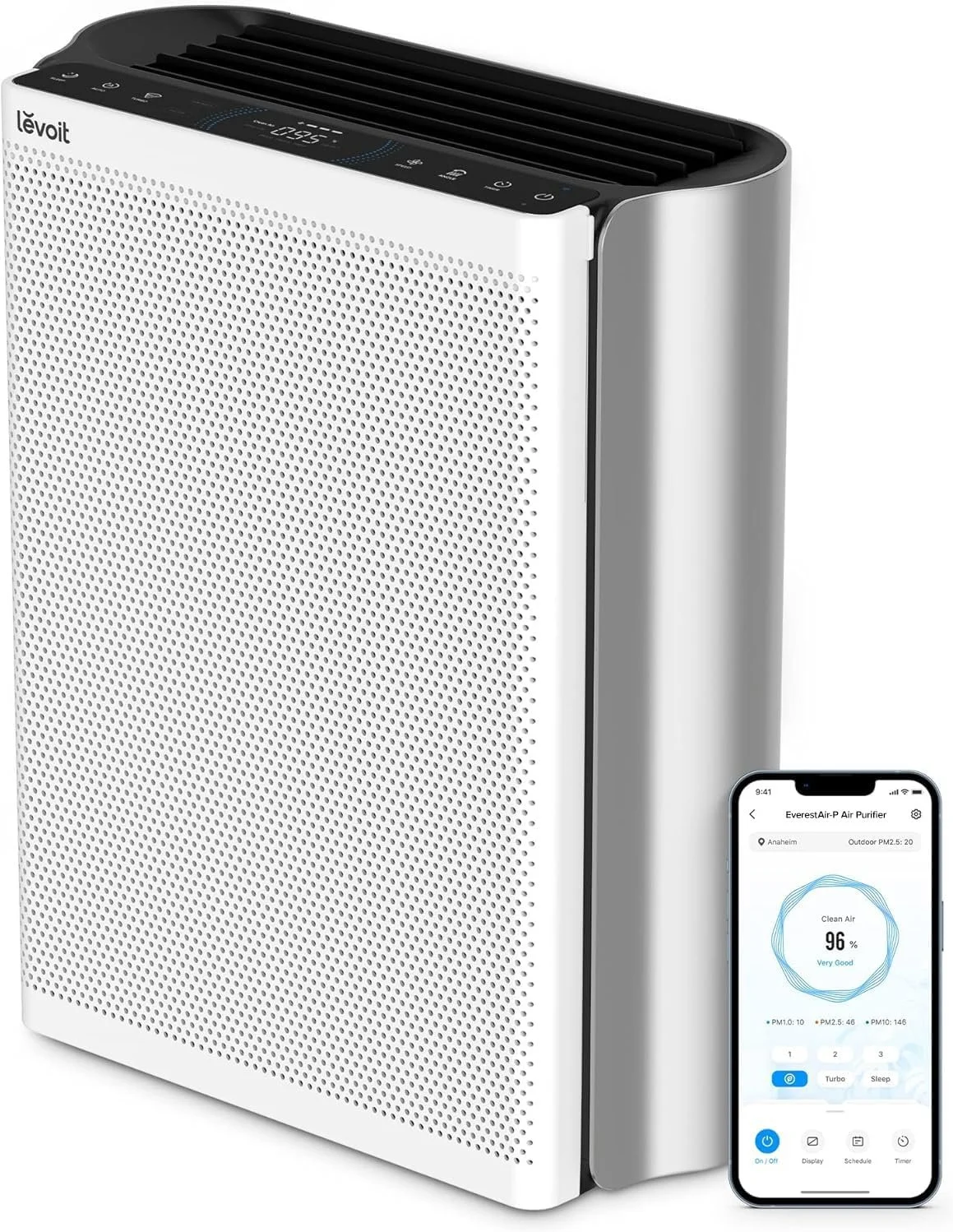 A white and silver air purifier with a black top, alongside a smartphone displaying the air quality app interface.
