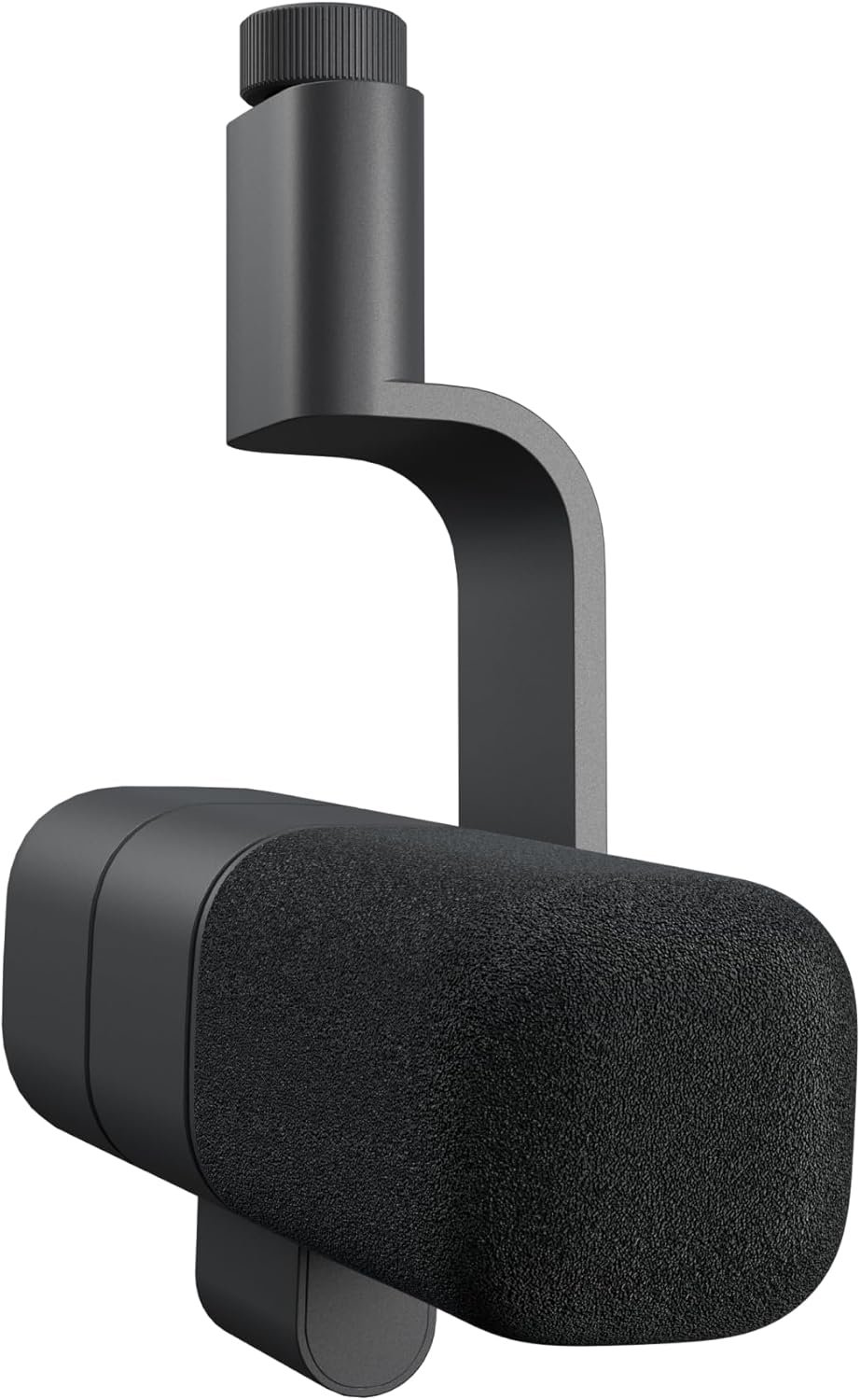 Close-up of a small black microphone with a foam windscreen, mounted on a metal stand.