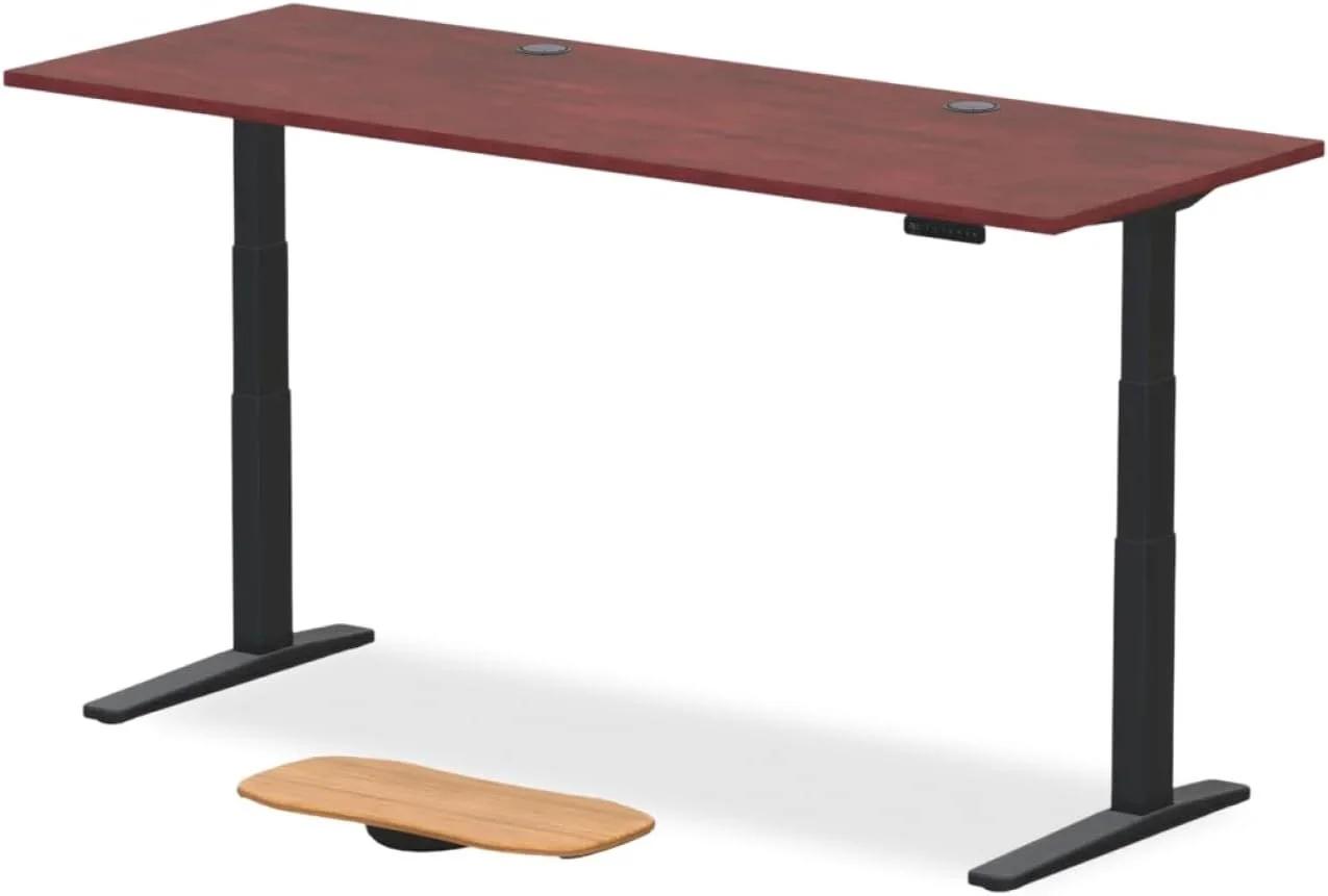 Adjustable standing desk with a wooden surface, black legs, and a foot pedal for height adjustment.