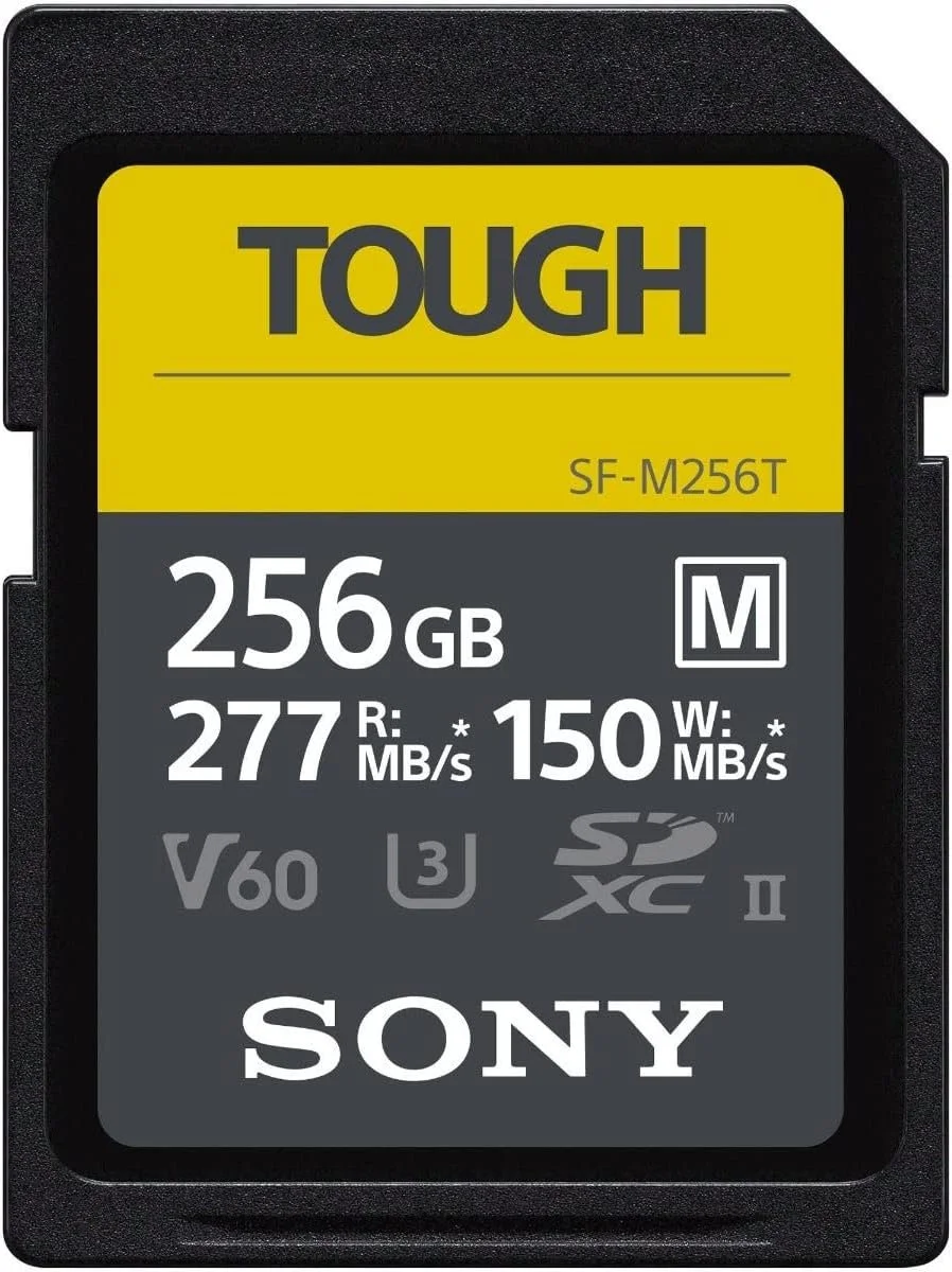 A Sony Tough SF-M256T SDXC memory card with 256GB storage capacity, rated speed of 277MB/s read and 150MB/s write, featuring V60 video speed class and UHS-3, SDXC II, and Memory Stick compatibility.