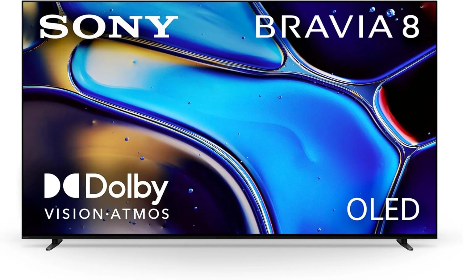 A flat-screen Sony Bravia 8 OLED television displaying a colorful abstract background with text indicating features like Dolby Vision and Atmos.