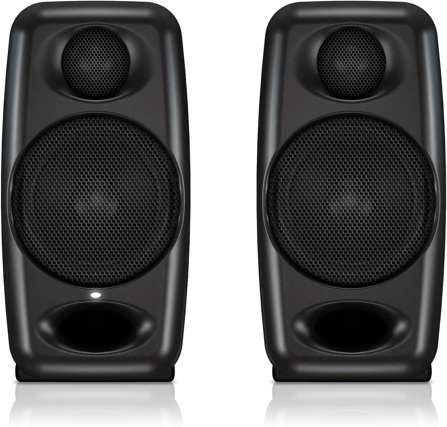 Pair of black loudspeakers with mesh fronts, positioned upright