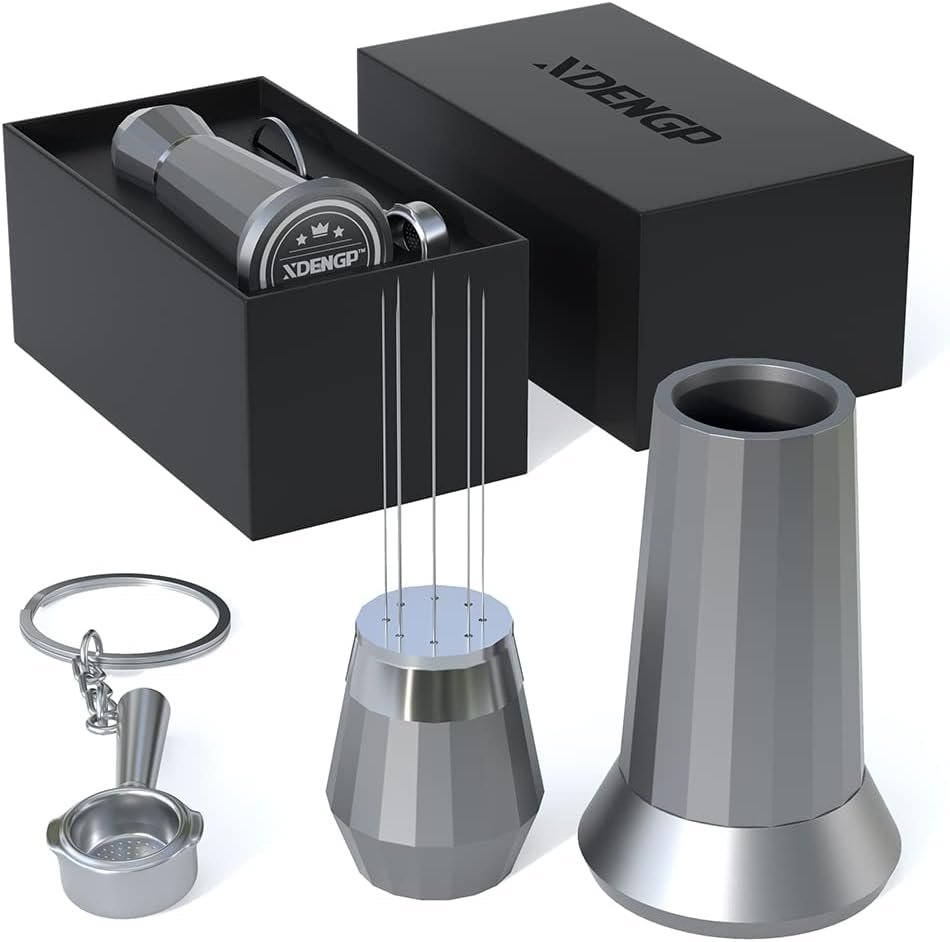 A stainless steel spice grinder set including a grinder, a grinding chamber, a metal keychain, and an open box with the brand name 'XDENGP' on the packaging.