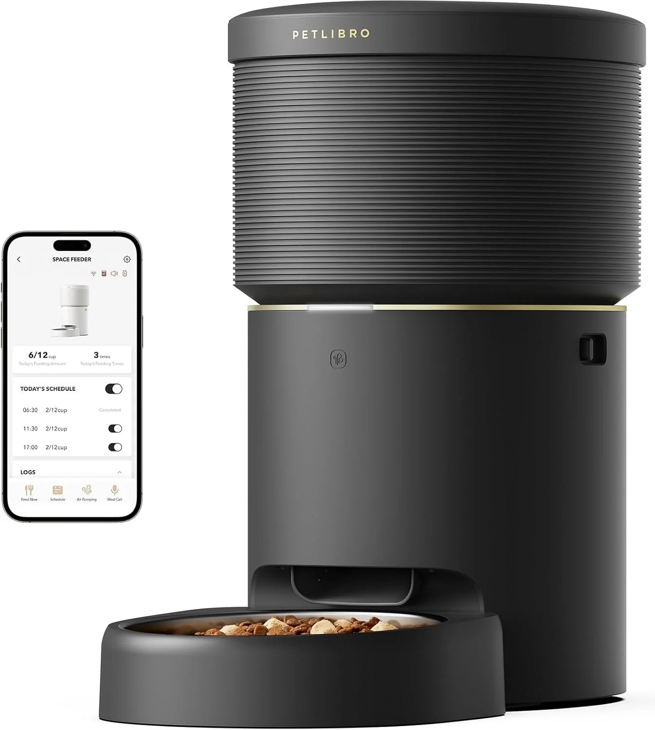 A pet feeder with a smartphone app control interface displayed on the screen.