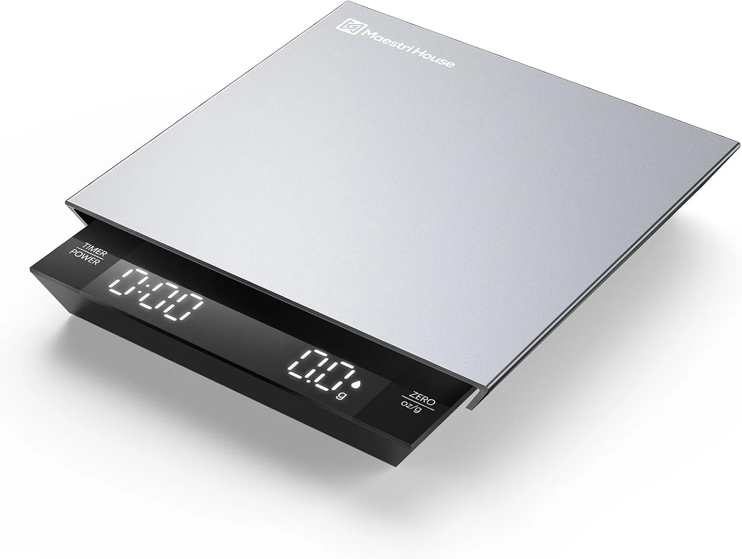 Digital kitchen scale with a silver surface displaying 0.07 grams.