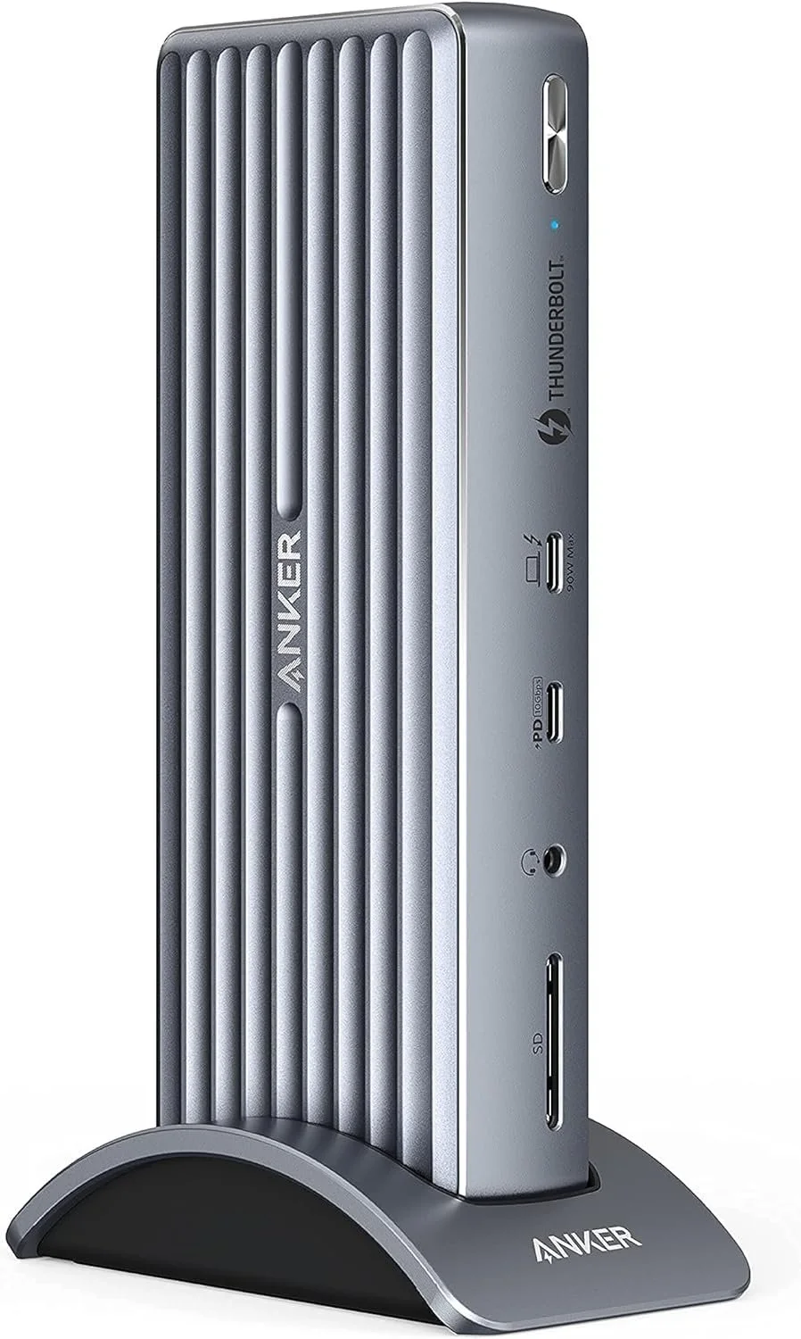 A silver and black portable Anker Thunderbolt 4 docking station with various ports including SD card slot, USB-C, USB-A, headphone jack, and indicator lights, standing on a curved base.