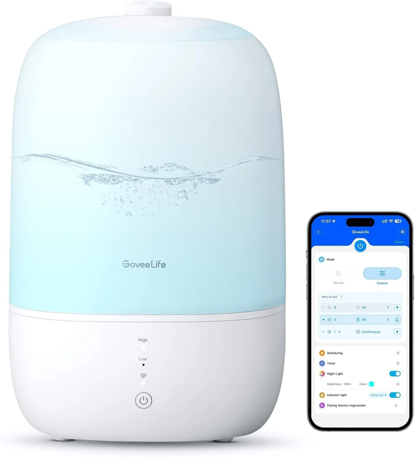 A water purifier with a modern design, featuring a semi-transparent top section showing water inside, and a mobile app interface on a smartphone used to control it.