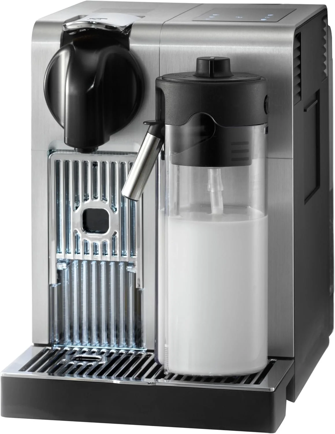 A modern stainless steel coffee machine with a French press attachment and a milk frother.