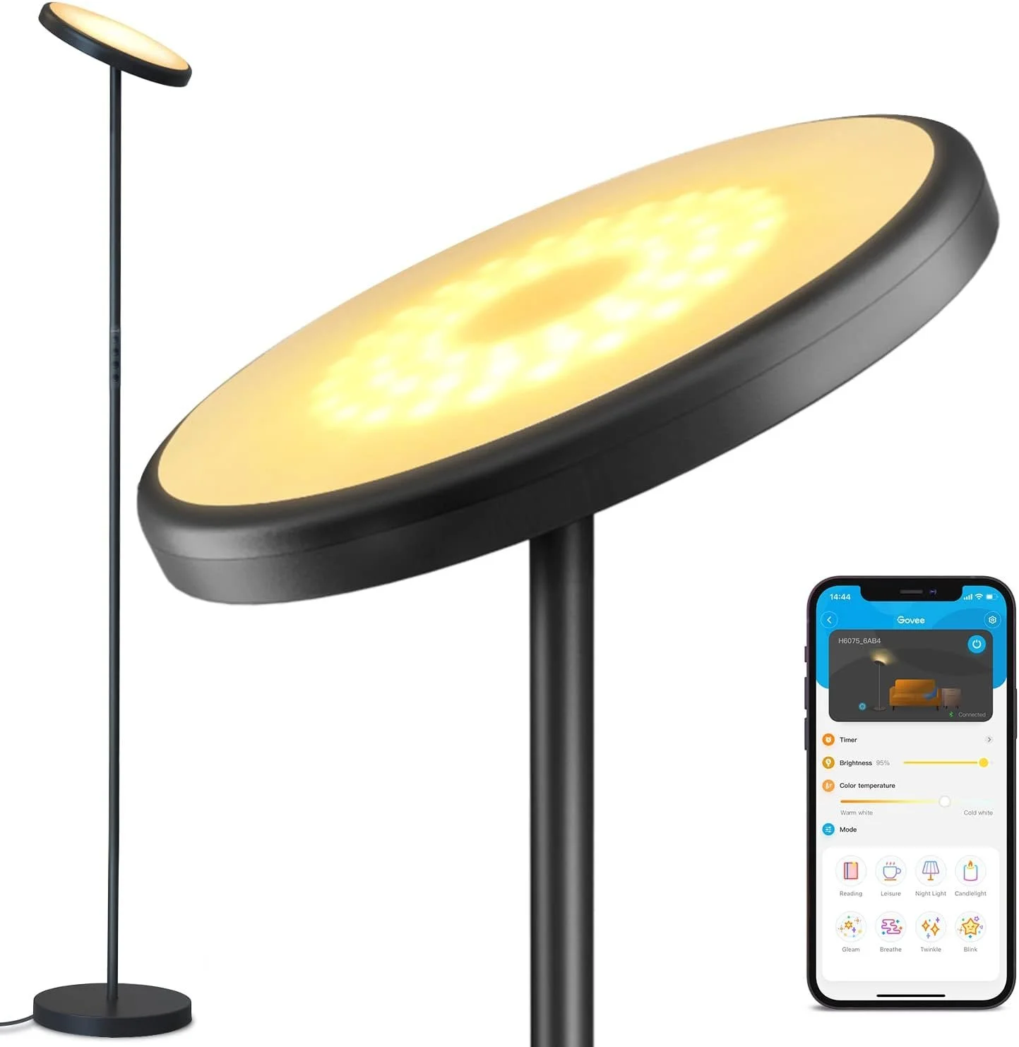 Smart adjustable LED lamps with a mobile app control, shown in different styles of floor and table lamps.