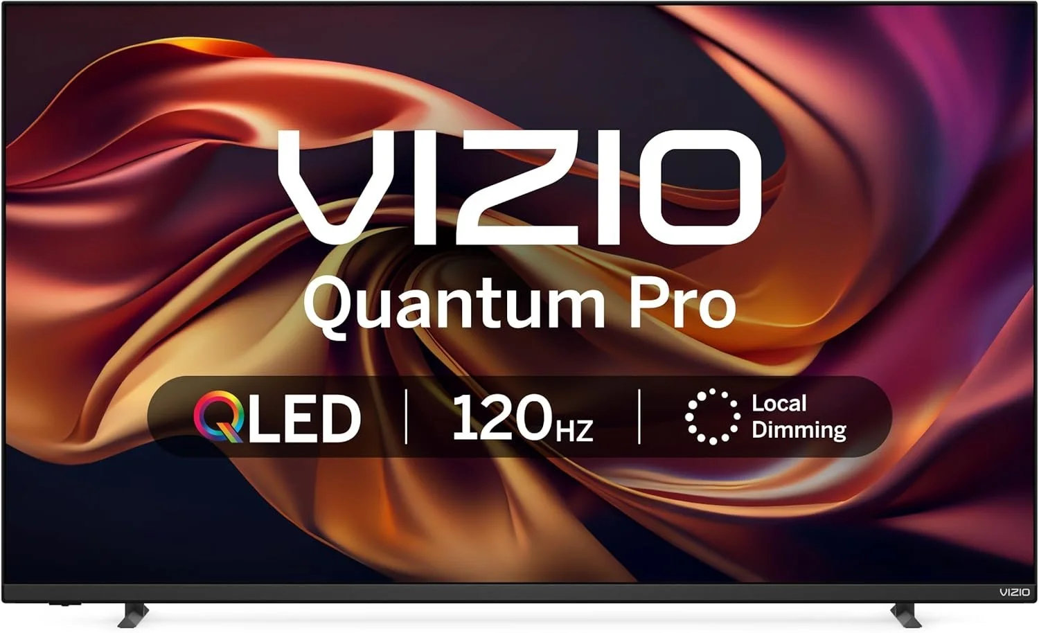 A Vizio Quantum Pro series 4K LED smart TV displaying a colorful abstract background with text indicating model V210, 120Hz refresh rate, and local dimming feature.