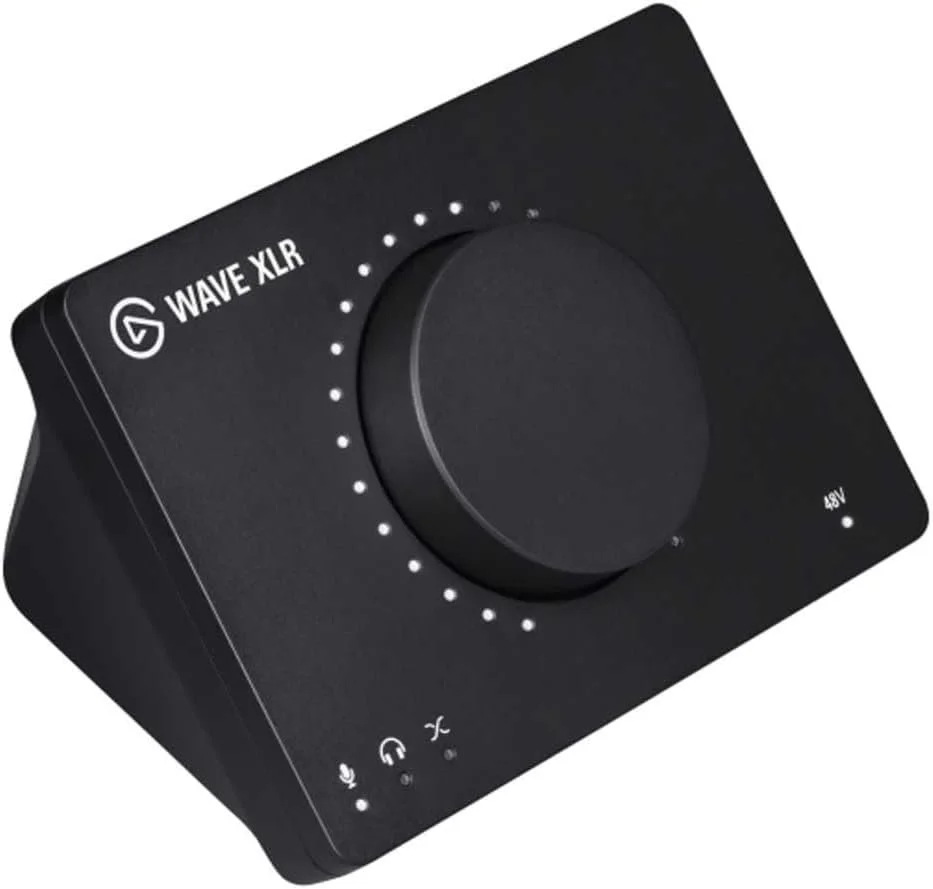 Black audio interface labeled "Wave XLR" with a large central dial, LED indicators, and headphone and microphone icons at the bottom.