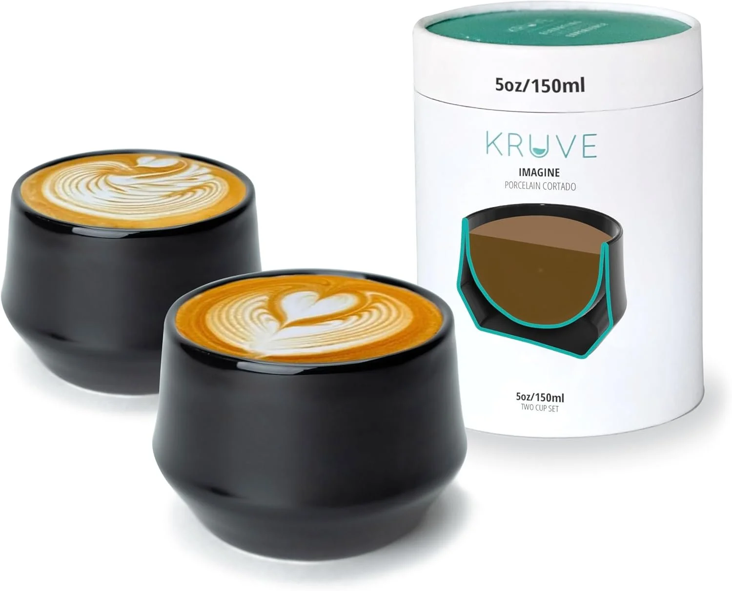Two black cups of coffee with latte art, a white cylindrical container of KRUVE coffee filters, and a black filter holder icon on the container.
