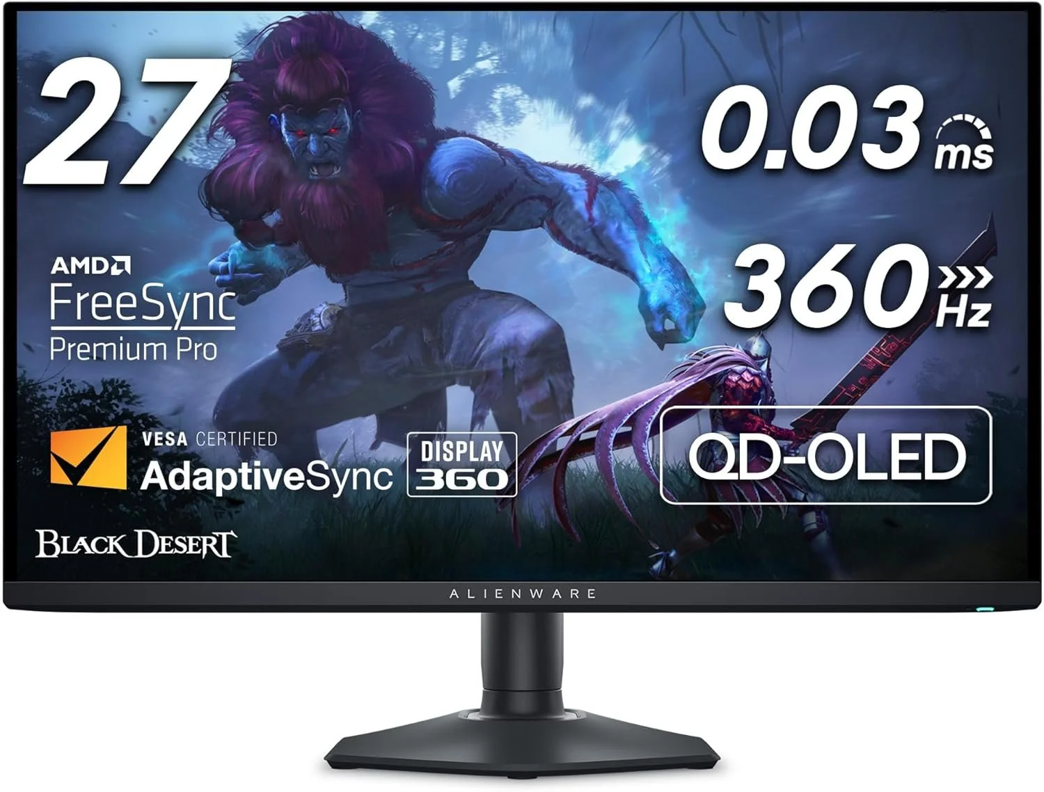 A computer monitor displaying a fantasy game scene with a werewolf and another creature in a forest. The screen includes text with specifications like 27 inches, 0.03 milliseconds response time, 360 Hz refresh rate, AMD FreeSync Premium Pro, VESA AdaptiveSync, Display 360, and OD-OLED technology. The monitor is branded Alienware.
