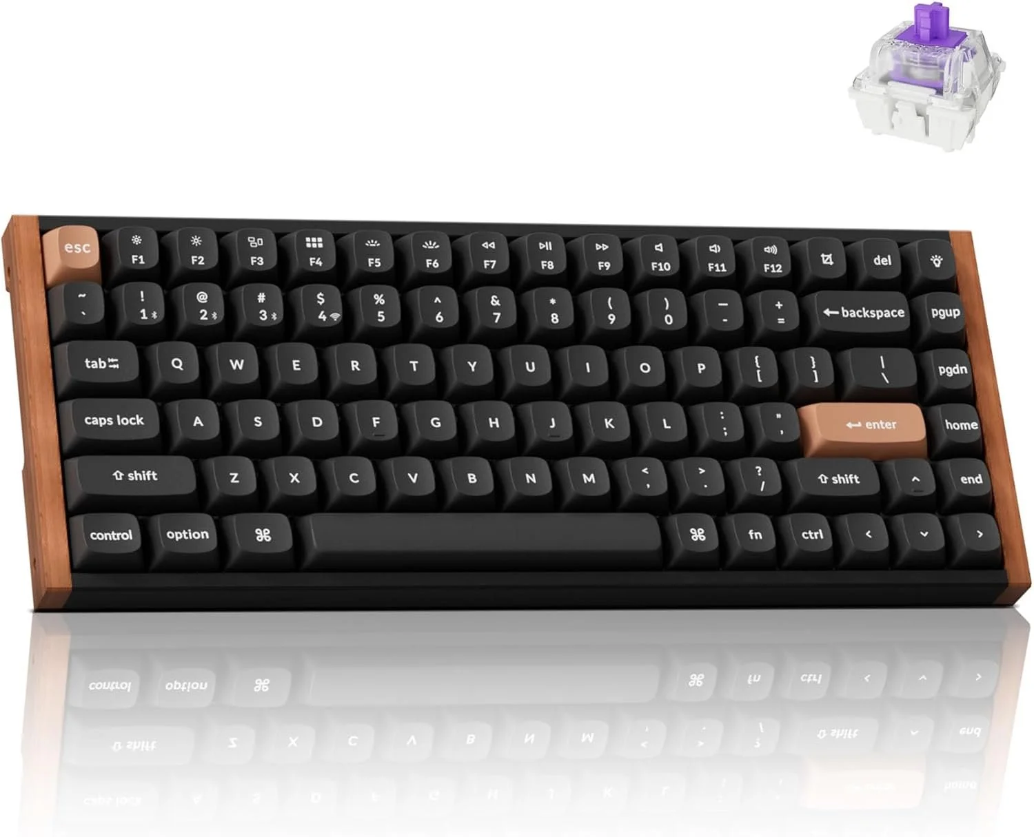 A mechanical keyboard with a wooden frame, black keys, and rose gold 'enter' and 'home' keys, with a purple switch in the top right corner, and separate purple switch in the top right corner of the image