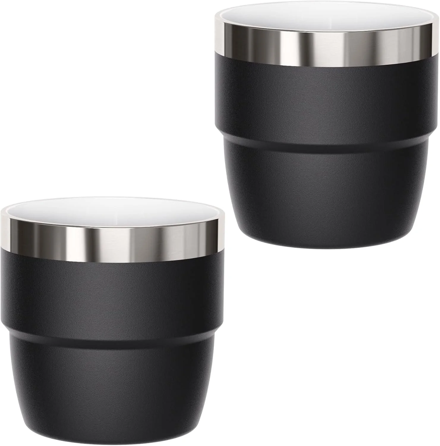 Two modern black mugs with a silver rim, one in the foreground and one in the background, against a white background.