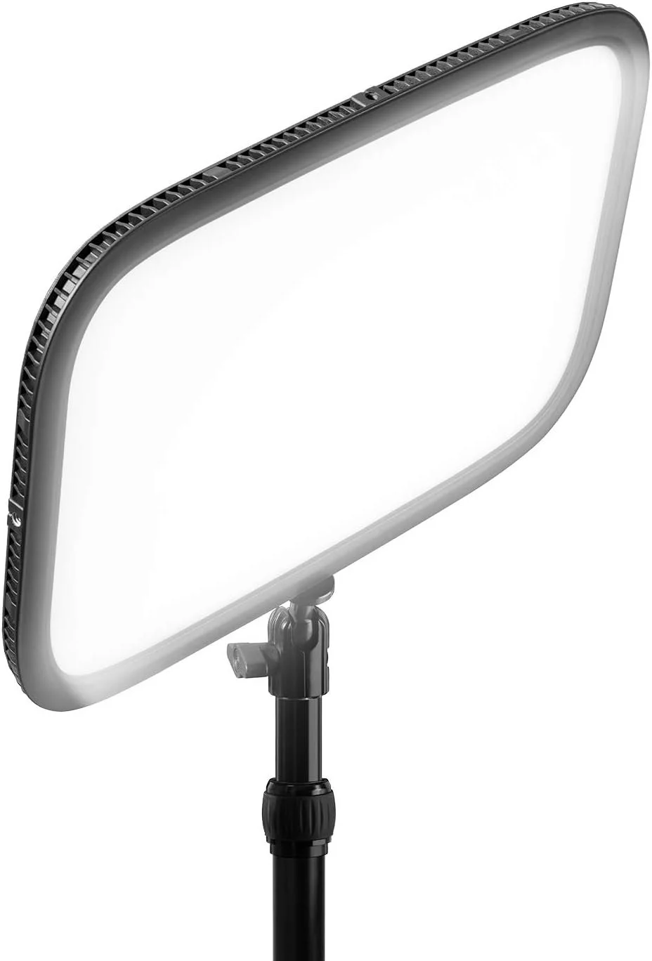 Rectangular LED panel light on adjustable tripod stand.