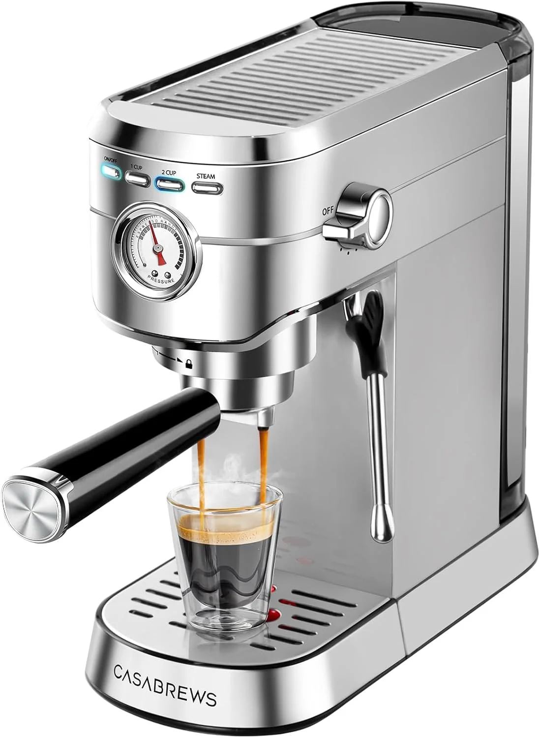A silver espresso machine brewing coffee into a glass cup.