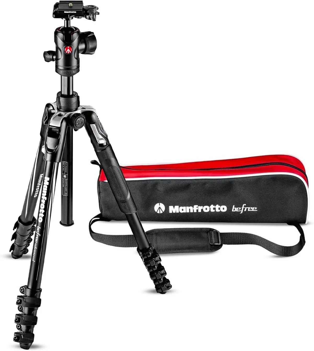 A Manfrotto Befree tripod with a carrying case beside it.