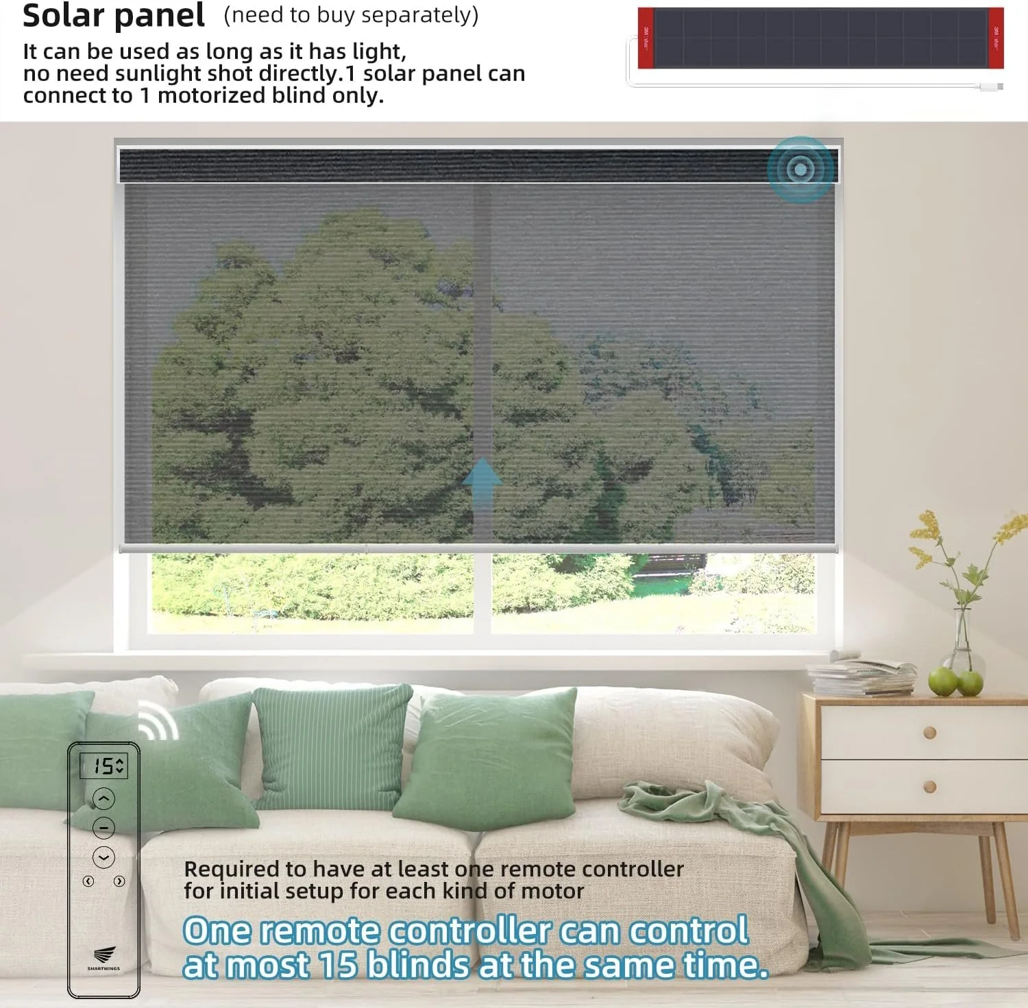 Living room with a window covered by a solar screen, a sofa with green pillows, a wooden side table with stacked books, a small green vase with yellow flowers, and a remote control for the blinds. The image explains solar panel blinds and their features.