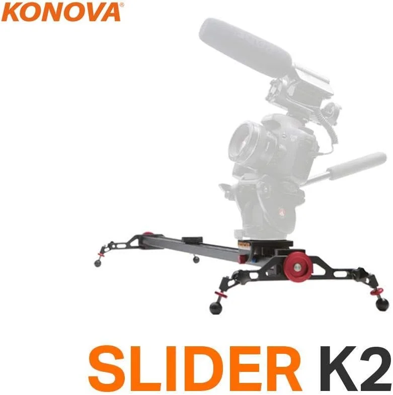 A video camera mounted on a camera rig with a sliding mechanism, branded Konova Slider K2, designed for smooth camera movement in filming.