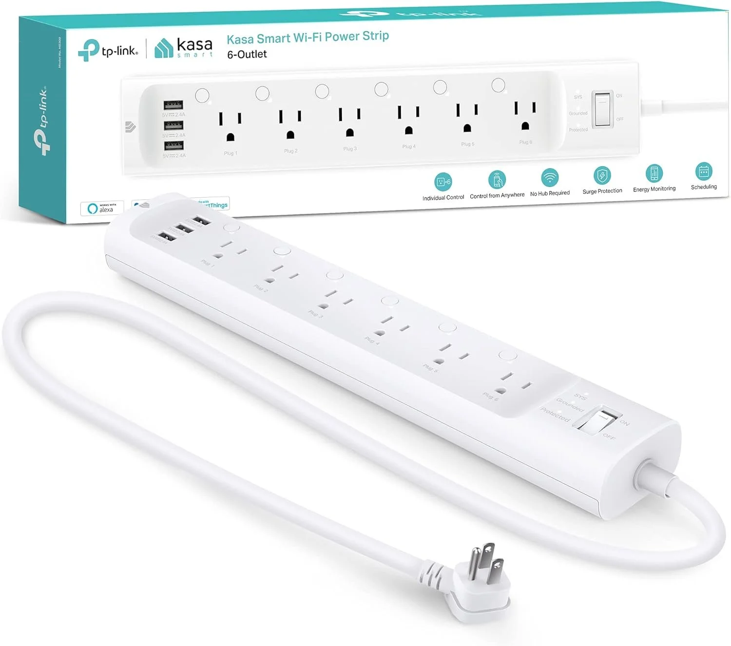 White power strip with six outlets and three USB ports, featuring a switch and a connected white power cord, with packaging in the background.