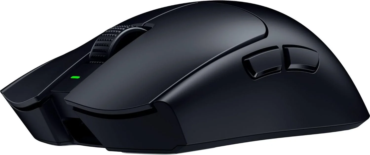 Black ergonomic computer mouse with side buttons and a scroll wheel