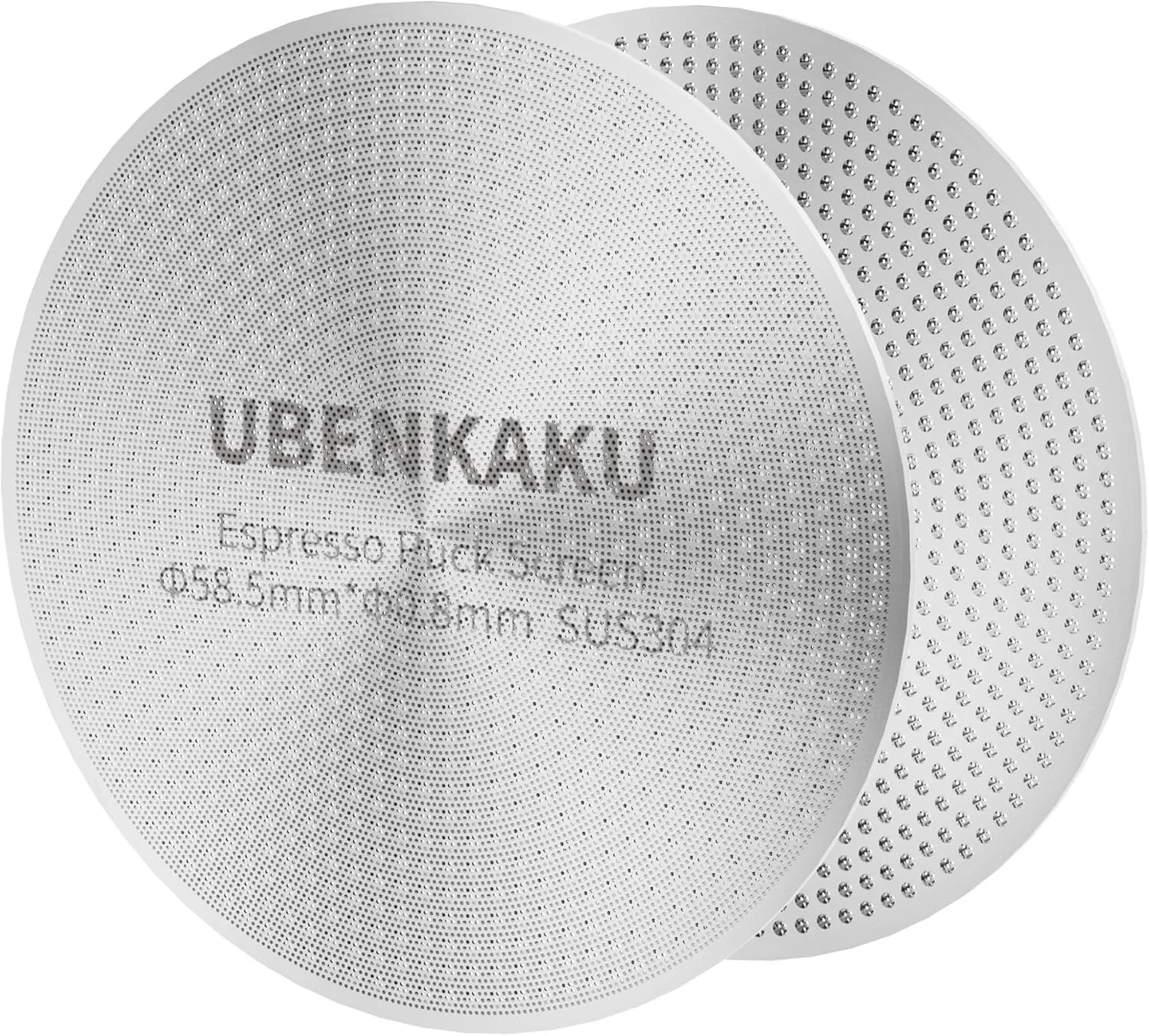 Metal espresso puck screen with the brand name 'UBEN KAKU' and specifications written on it, including dimensions.