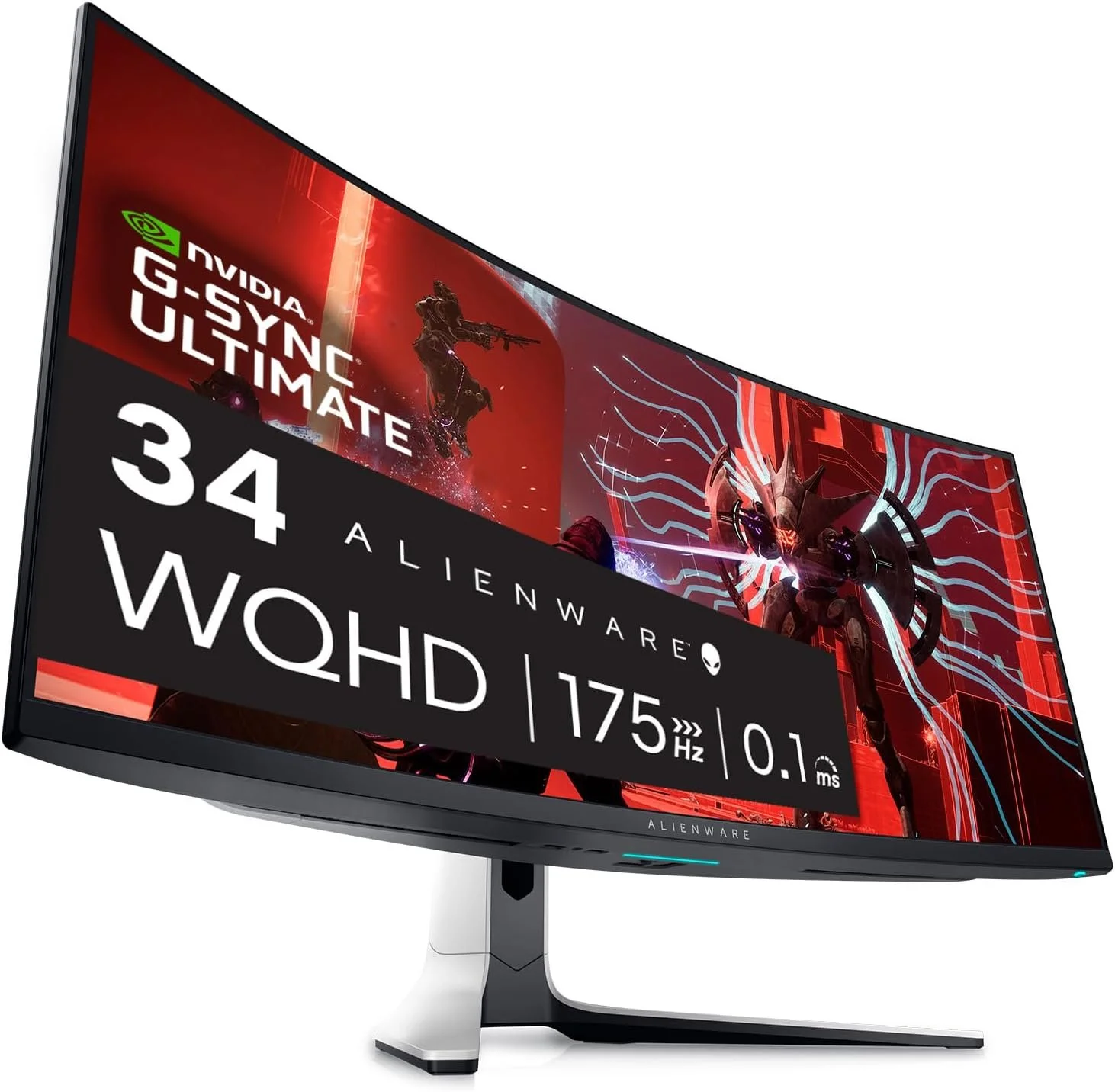 Curved Alienware gaming monitor displaying a Red and Black sci-fi game scene with specifications: 34-inch screen, 4K UHD resolution, 175Hz refresh rate, 0.1ms response time, NVIDIA G-SYNC, and HDMI 2.1 support.