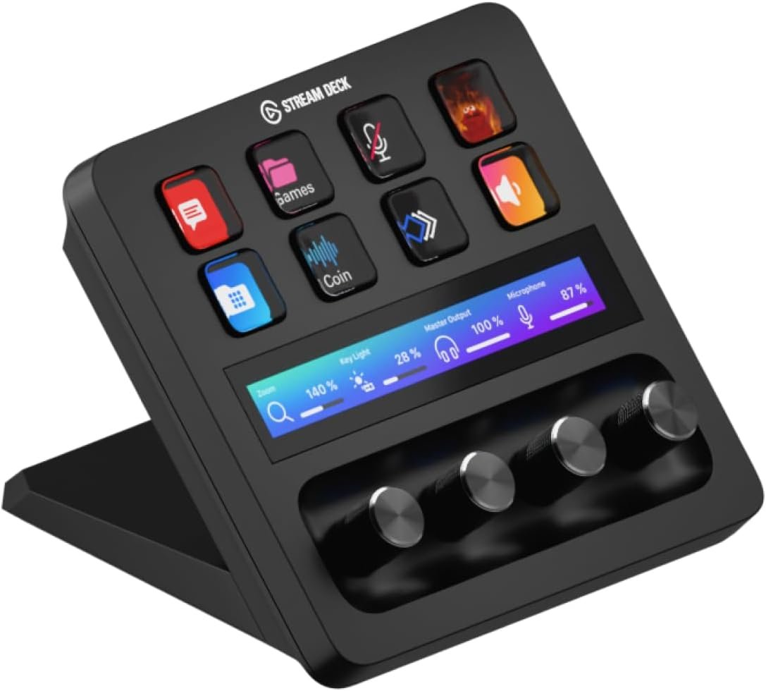 A streaming deck device with buttons for various functions and an adjustable screen showing audio levels and settings.