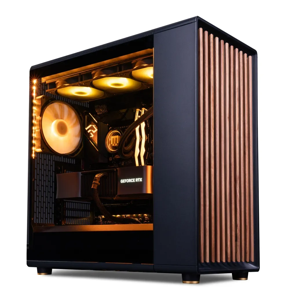Black gaming computer tower with a glass side panel, illuminated interior components, including cooling fans, a graphics card labeled 'Geforce RTX', and wooden accent panel on the front.