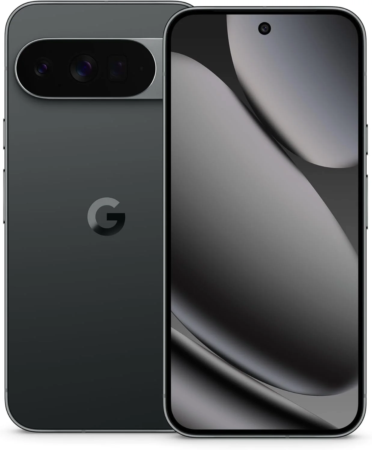 Front and back of a black Google Pixel smartphone with a triple camera setup on the back and a hole-punch camera on the front.
