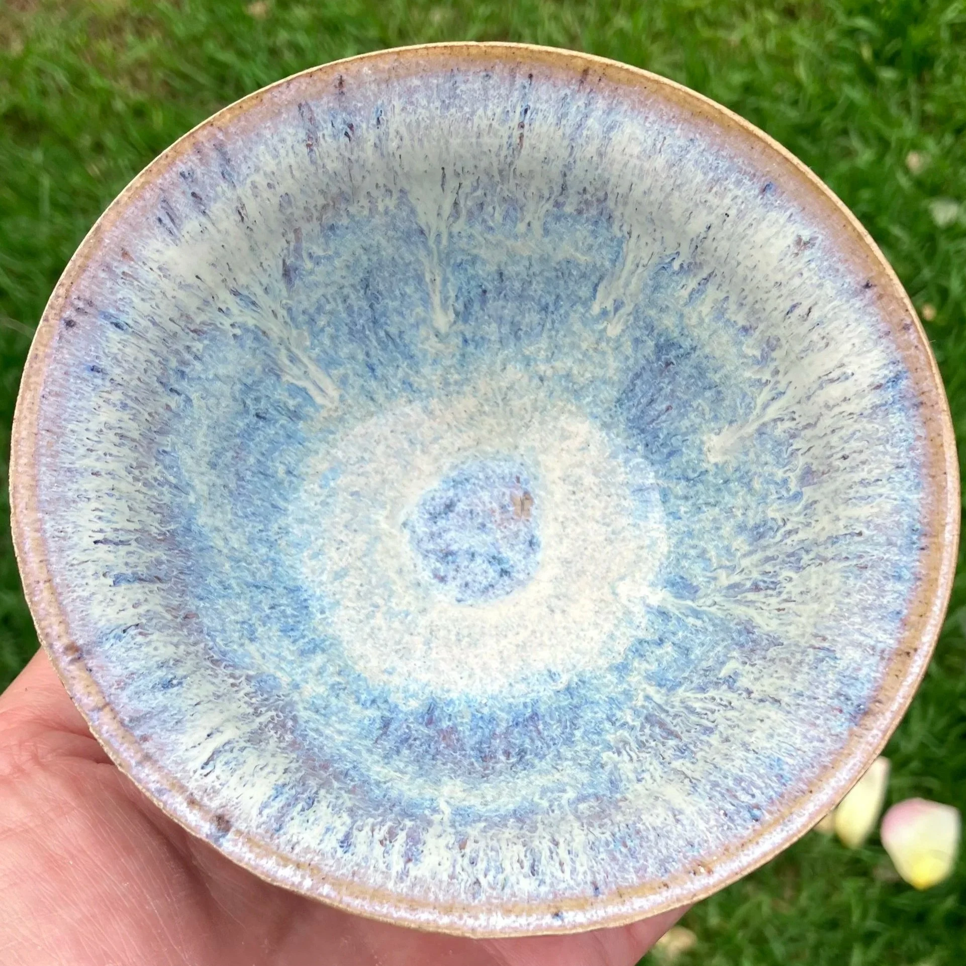 Close-up of a ceramic bowl with a blue, beige, and white glaze design, held in hand with green grass background.