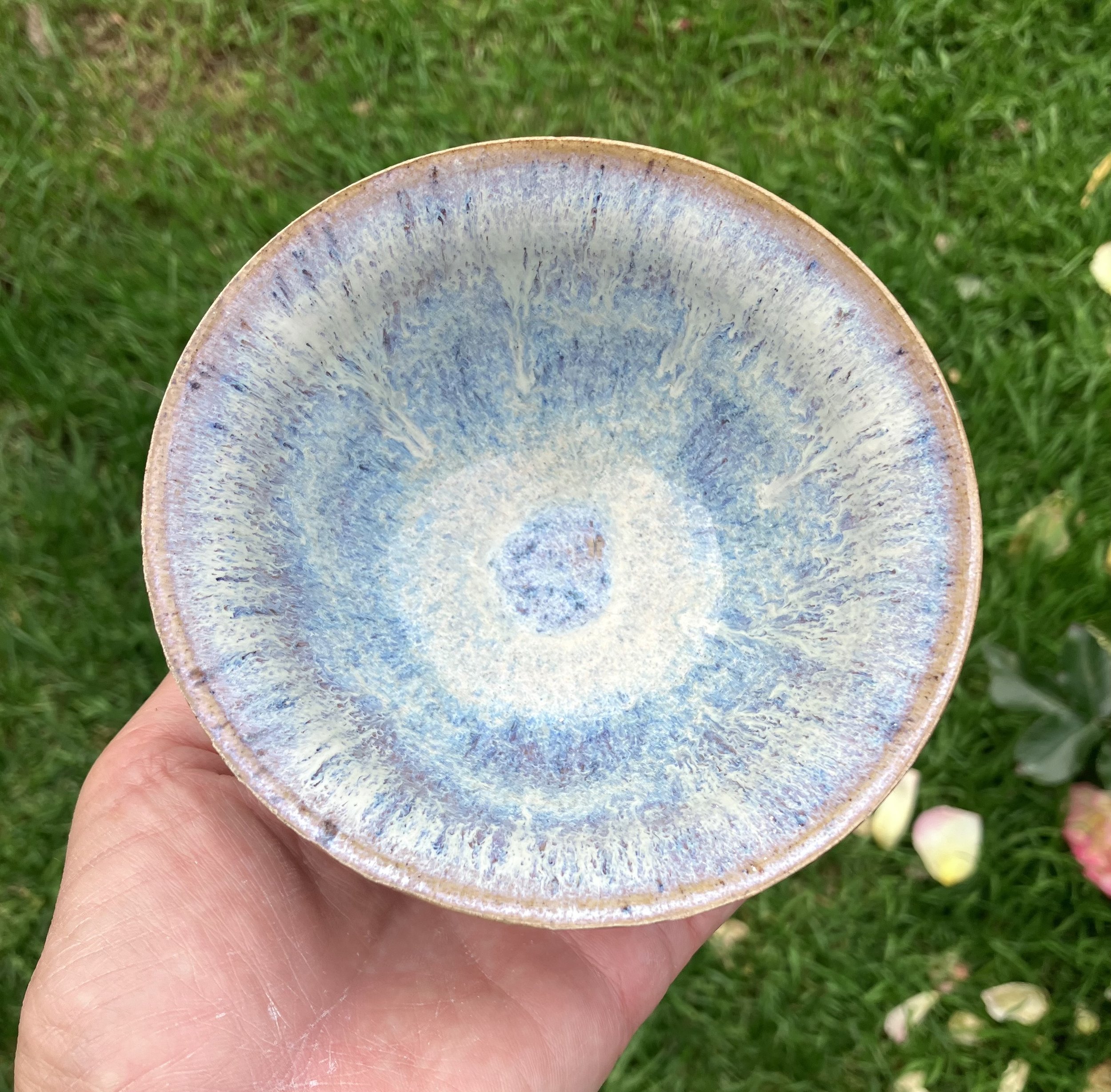 Hand holding a ceramic bowl with a blue and beige glaze pattern, outdoor garden background.