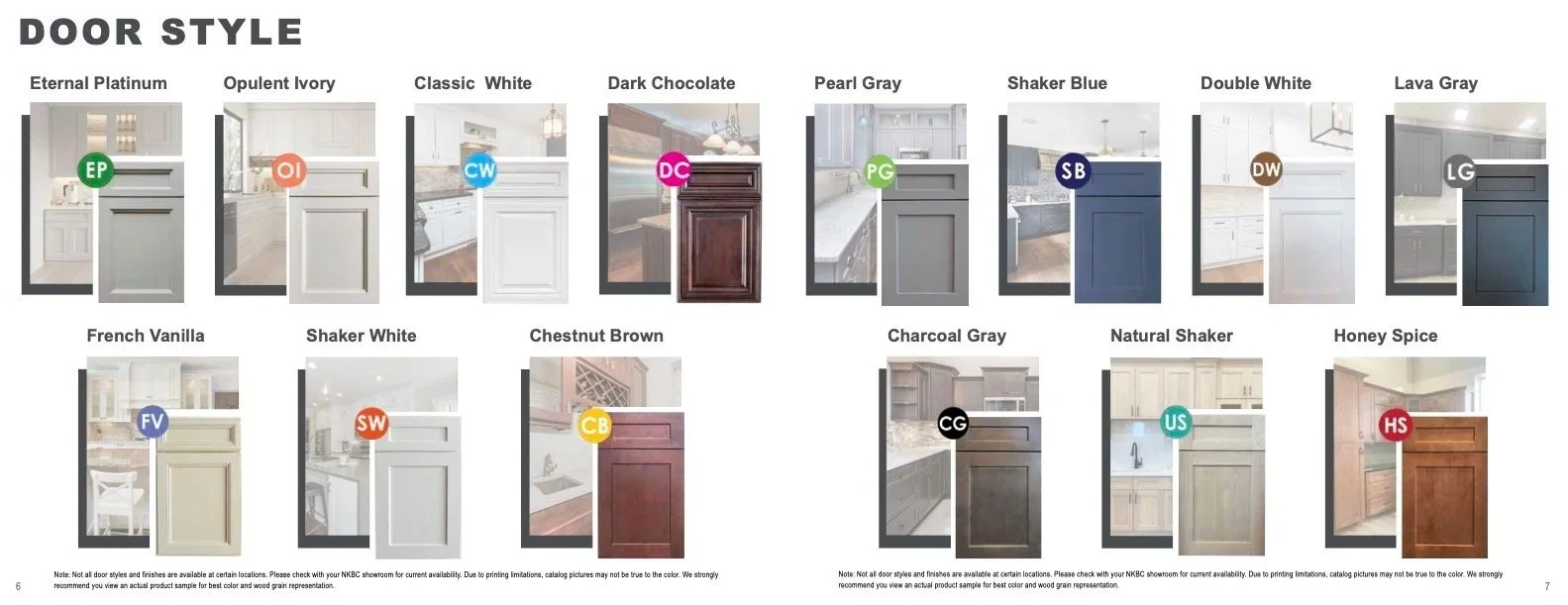 A chart comparing different door styles and their colors. Each style is labeled with its name and a small photo.