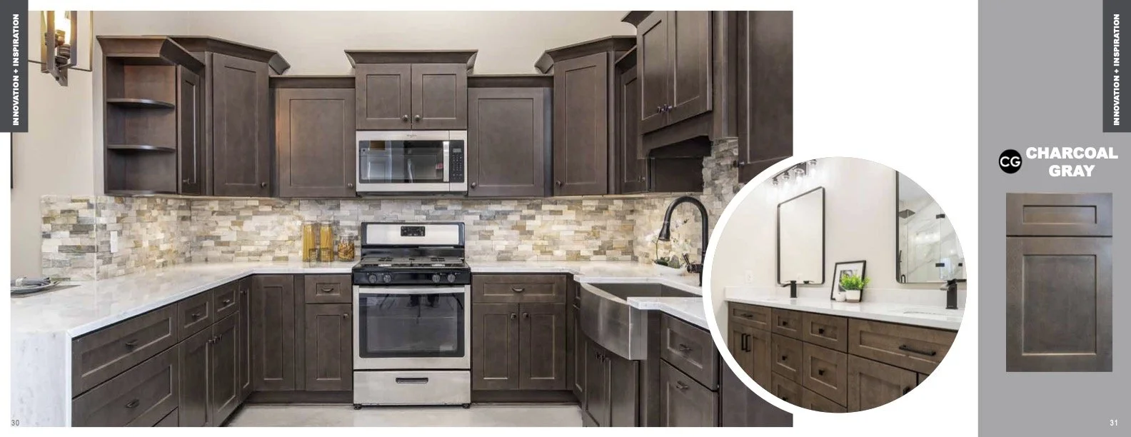 Modern kitchen with dark brown cabinets, white countertop, stainless steel appliances, tiled backsplash, farmhouse sink, and a small round inset showing a different view of the cabinetry and sink area.