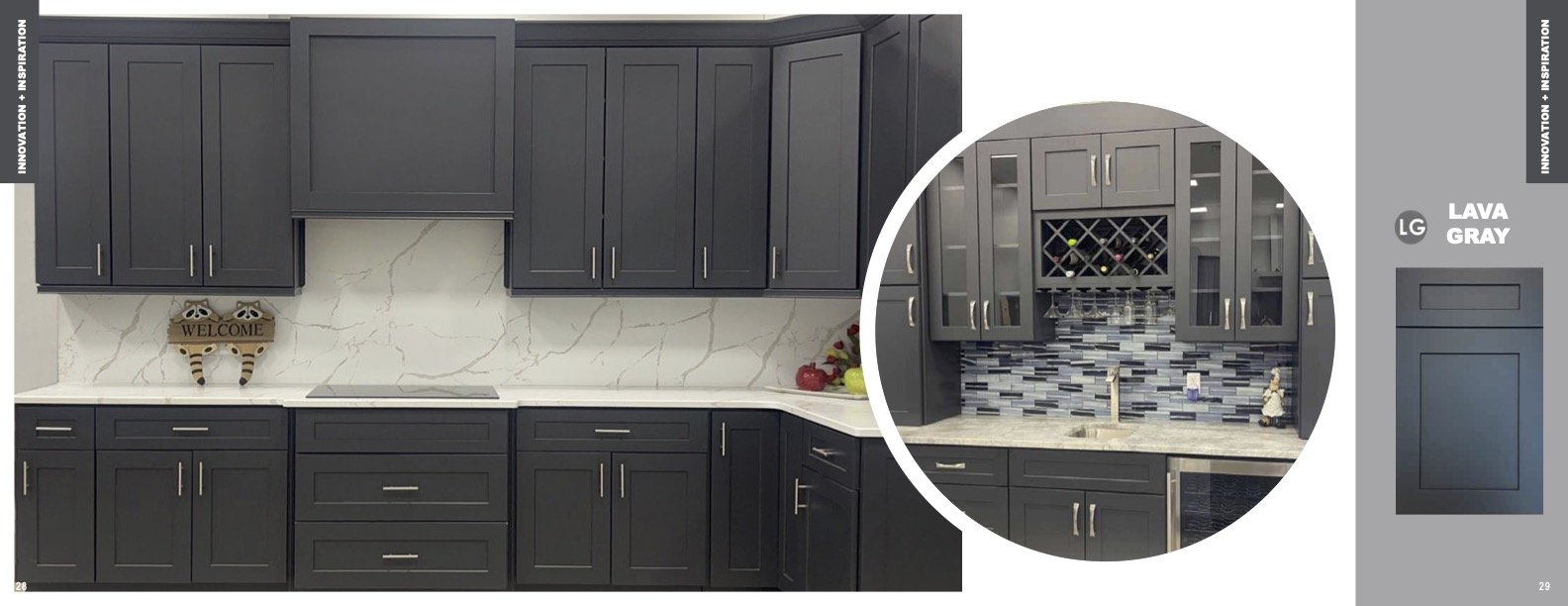 Dark gray kitchen cabinets with marble backsplash and countertop, decorated with a welcome sign and a small decorative animal, with an inset showing a close-up of the cabinets and backsplash.