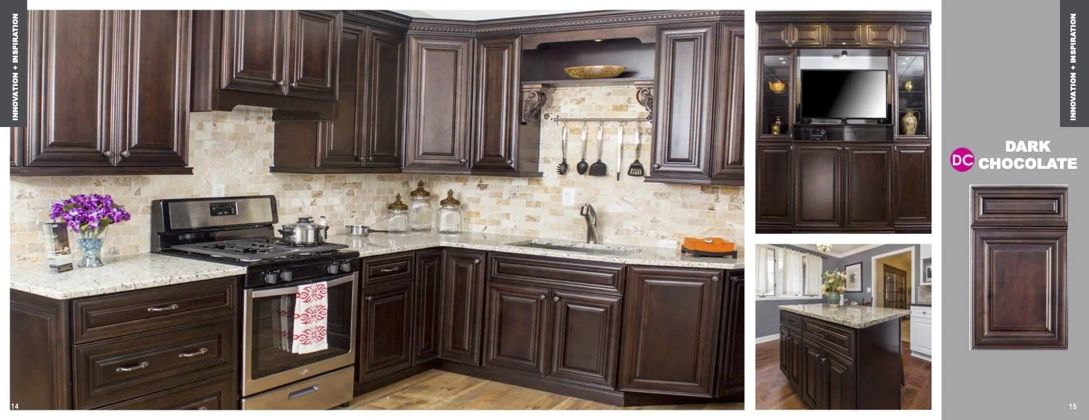Kitchen with dark wood cabinets, beige stone backsplash, granite countertops, stainless steel stove, and a vase with purple flowers on the counter.