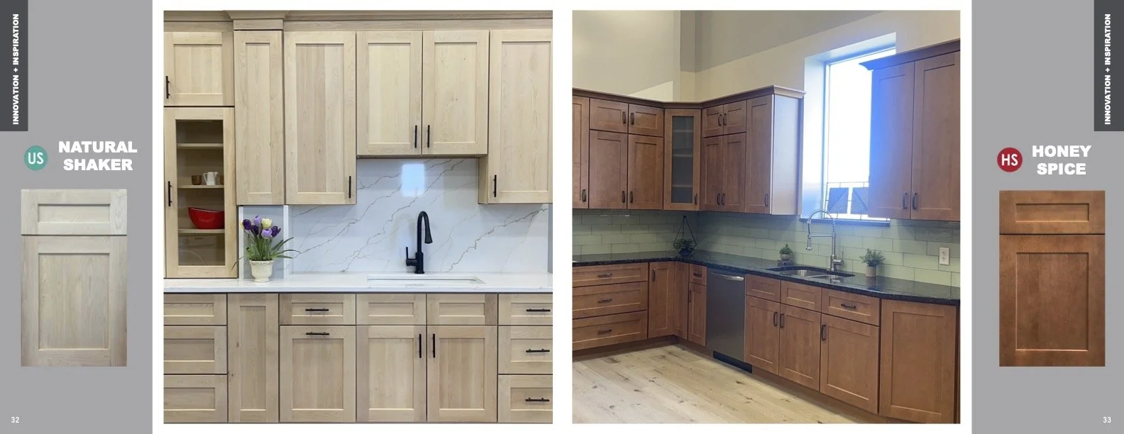 Comparison of two kitchen designs, one with light wood cabinets and another with darker wood cabinets.