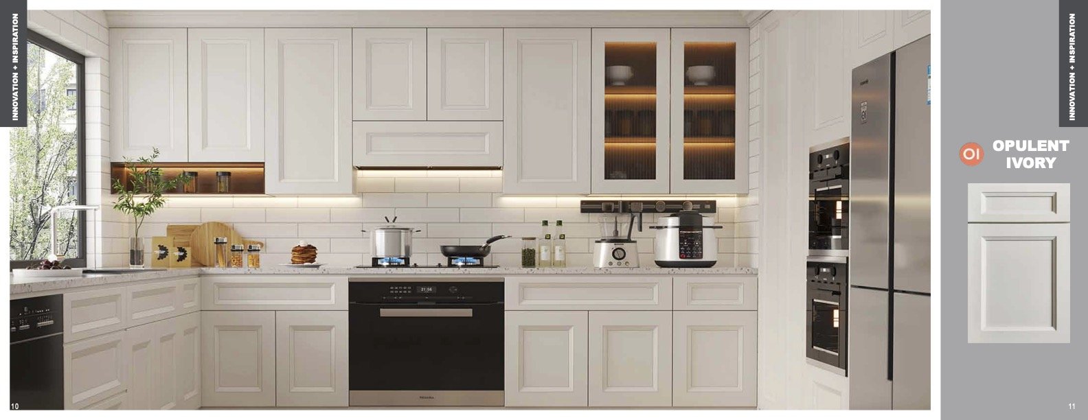 Modern kitchen with white cabinetry, black appliances, and natural light from a large window.