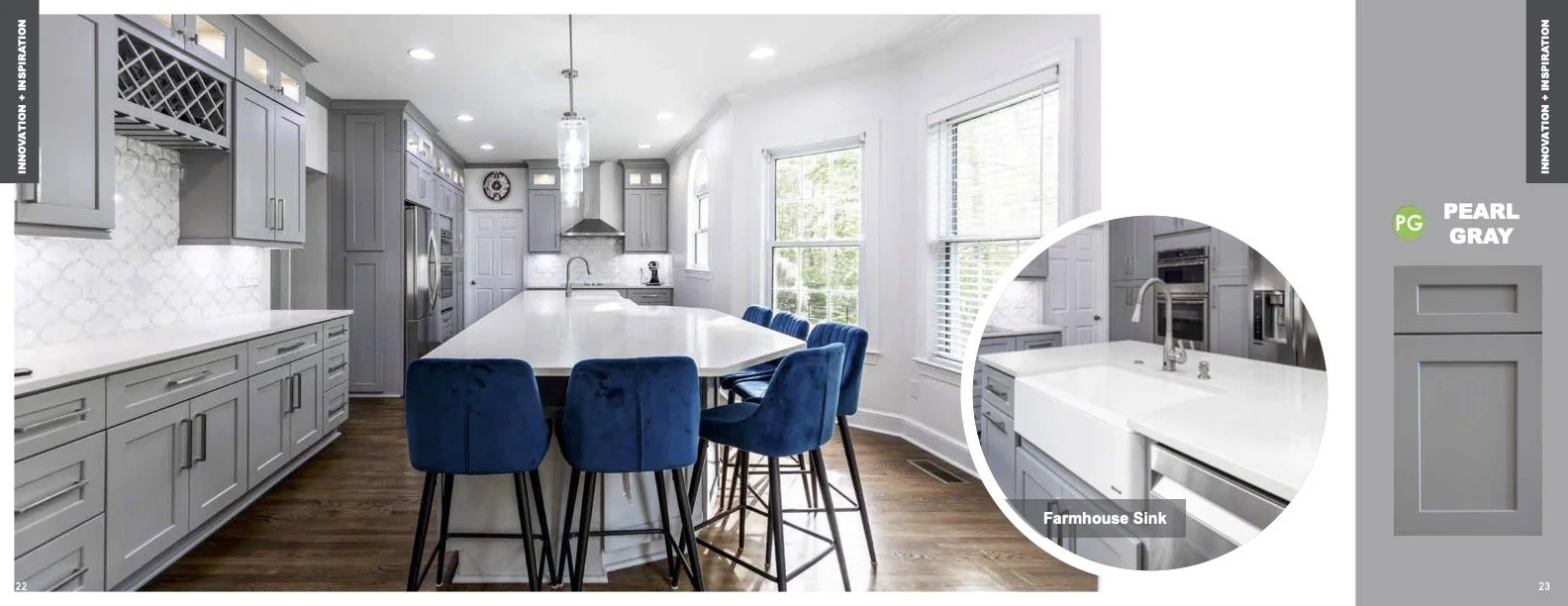 Modern kitchen with gray cabinets, white countertops, wooden floor, blue chairs around a white island, large windows, and stainless steel appliances.